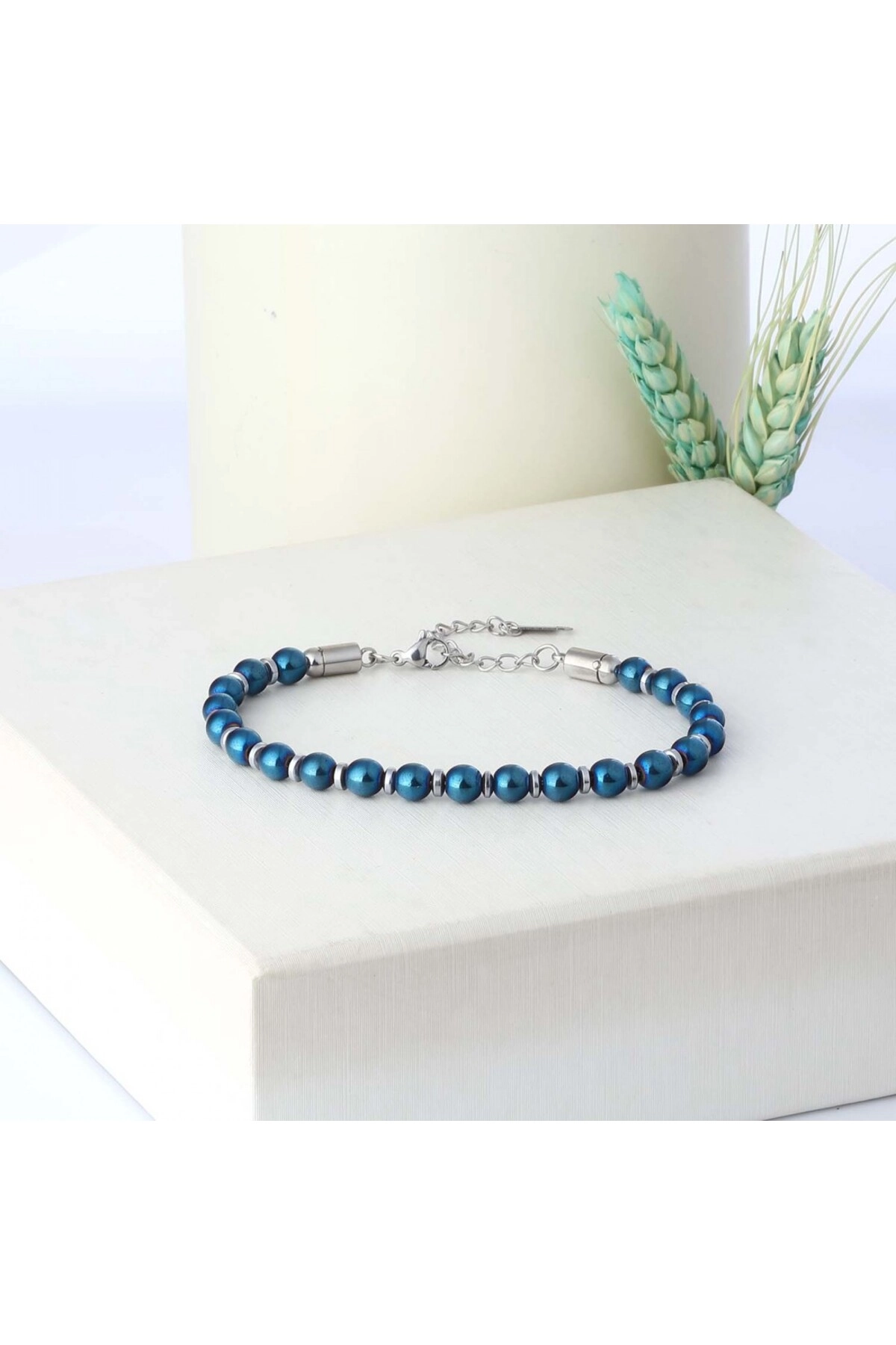 Mavi Küre Hematit Doğal Taşlı Ayaranabilir Çelik Zincir Bileklik-2