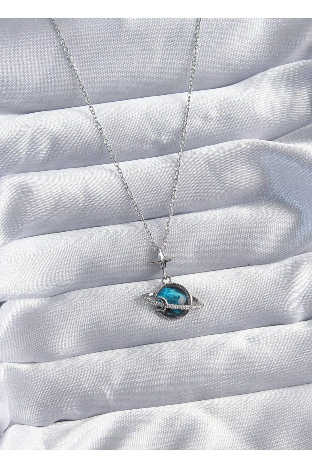Mavi Satürn Gümüş Gezegen Kolye | 316l Çelik - Kararmaz | Hediye Kadın-3