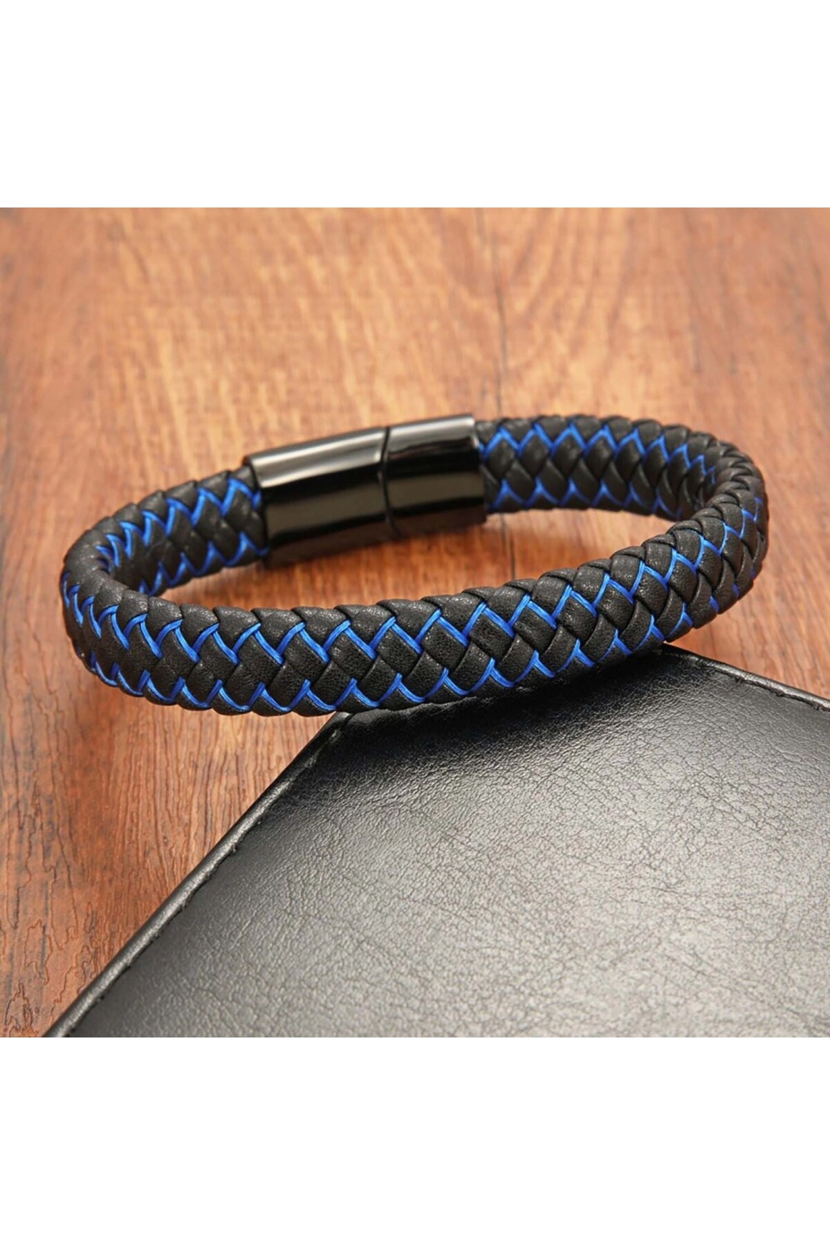 Mavi Siyah Deri Örgü Çelik Bileklik-3