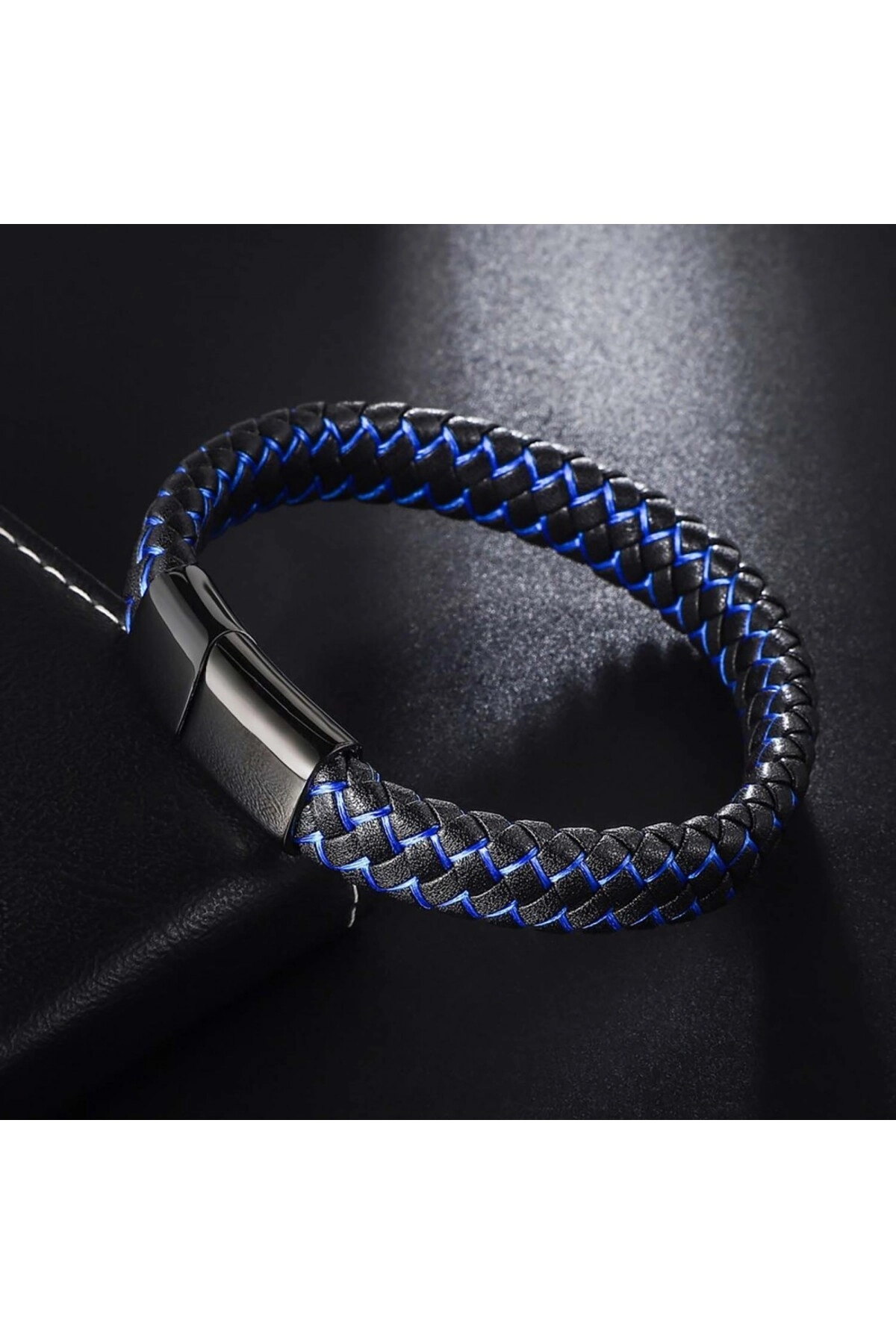 Mavi Siyah Deri Örgü Çelik Bileklik-1