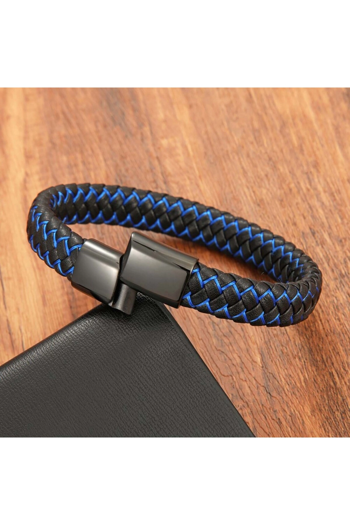 Mavi Siyah Deri Örgü Çelik Bileklik-2