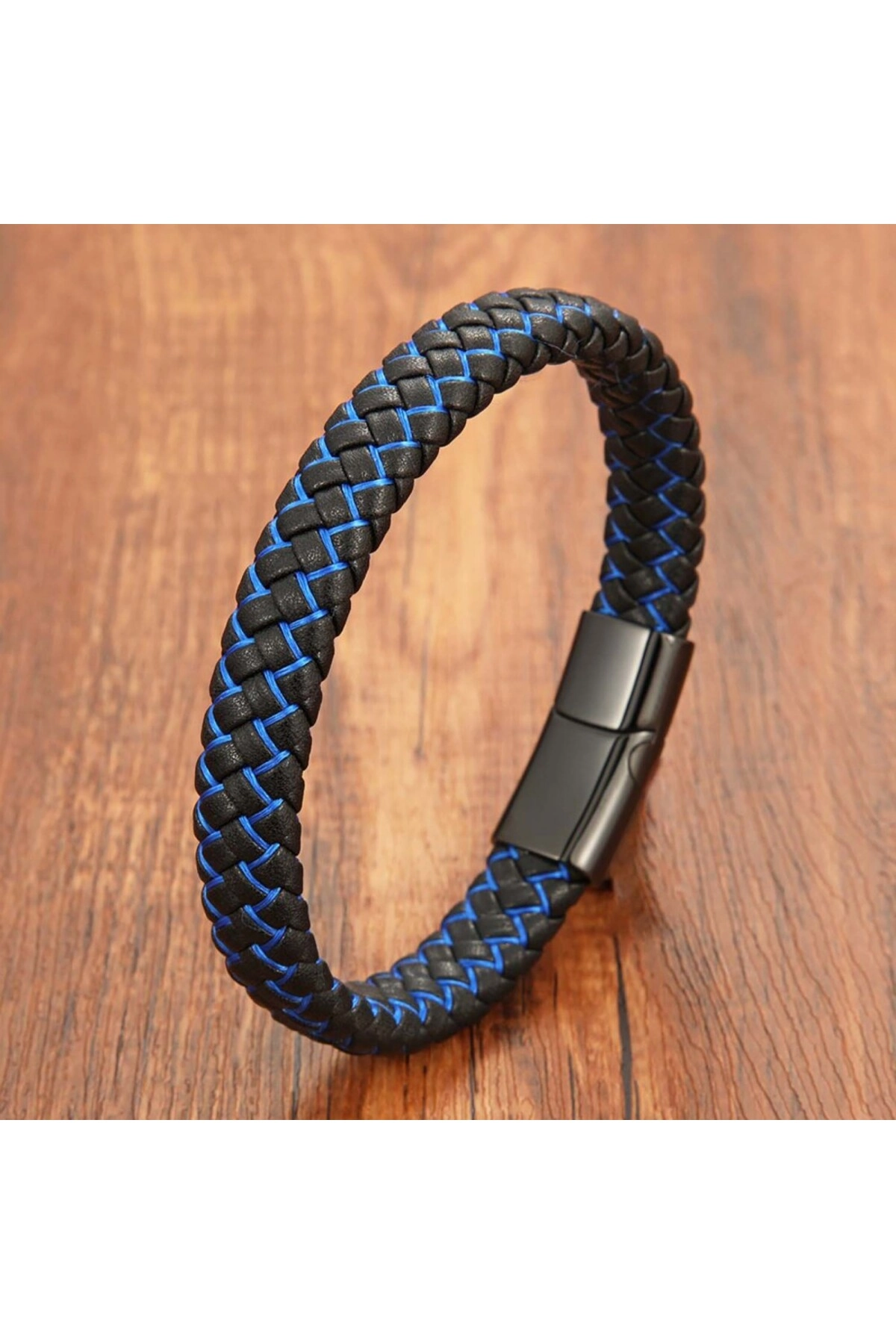 Mavi Siyah Deri Örgü Çelik Bileklik-4