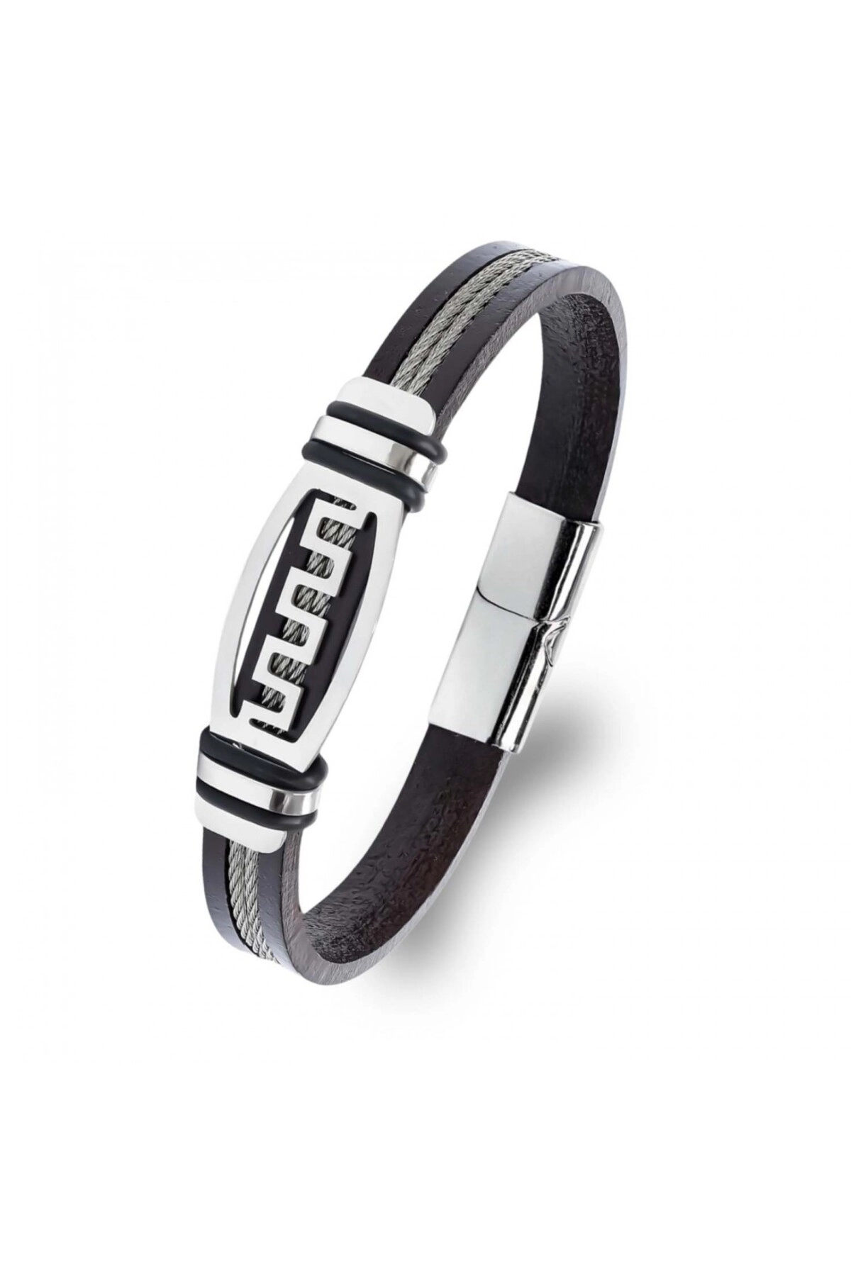 Meander Motifli Çelik Halatlı Deri Erkek Bileklik-0