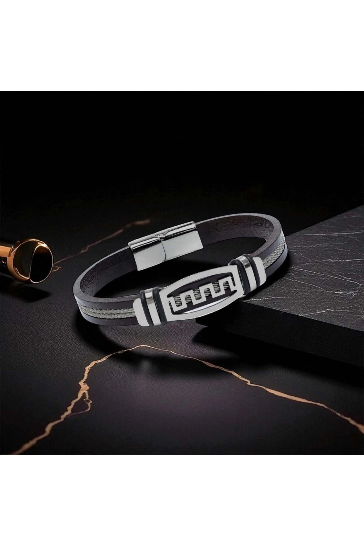 Meander Motifli Çelik Halatlı Deri Erkek Bileklik-2