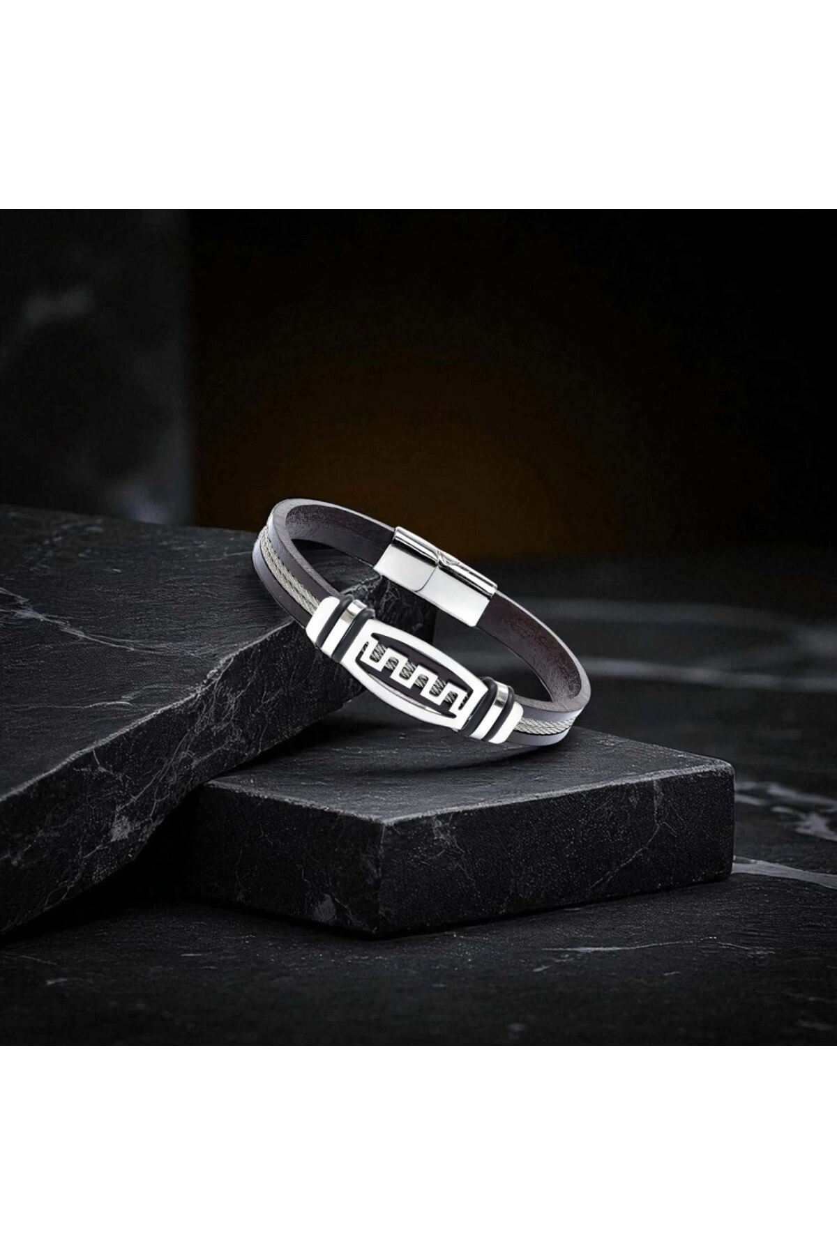 Meander Motifli Çelik Halatlı Deri Erkek Bileklik-3