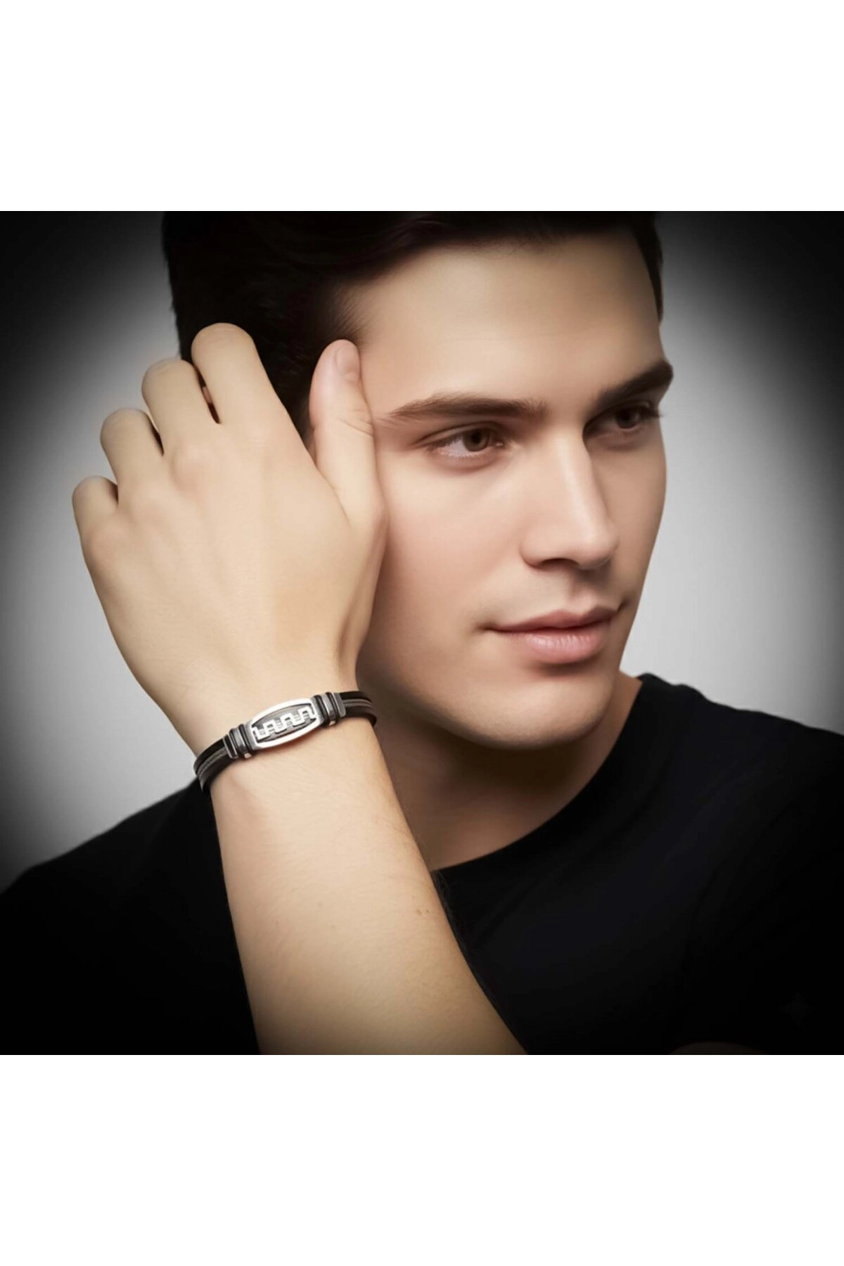 Meander Motifli Çelik Halatlı Deri Erkek Bileklik-1