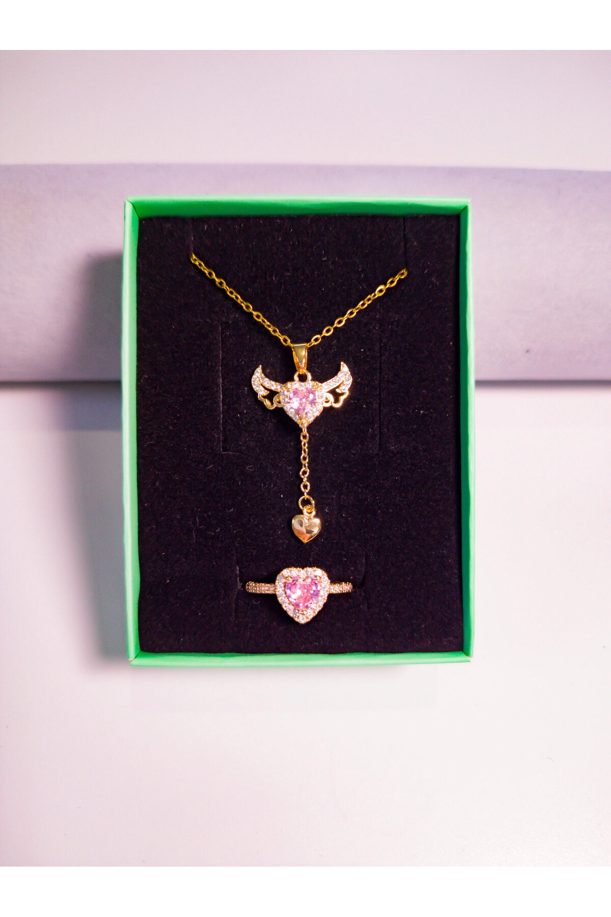 Melek Kanatlı Kolye Zirkon Taşlı Yüzük Set | 316l Çelik - Kararmaz | Hediye Kadın-2