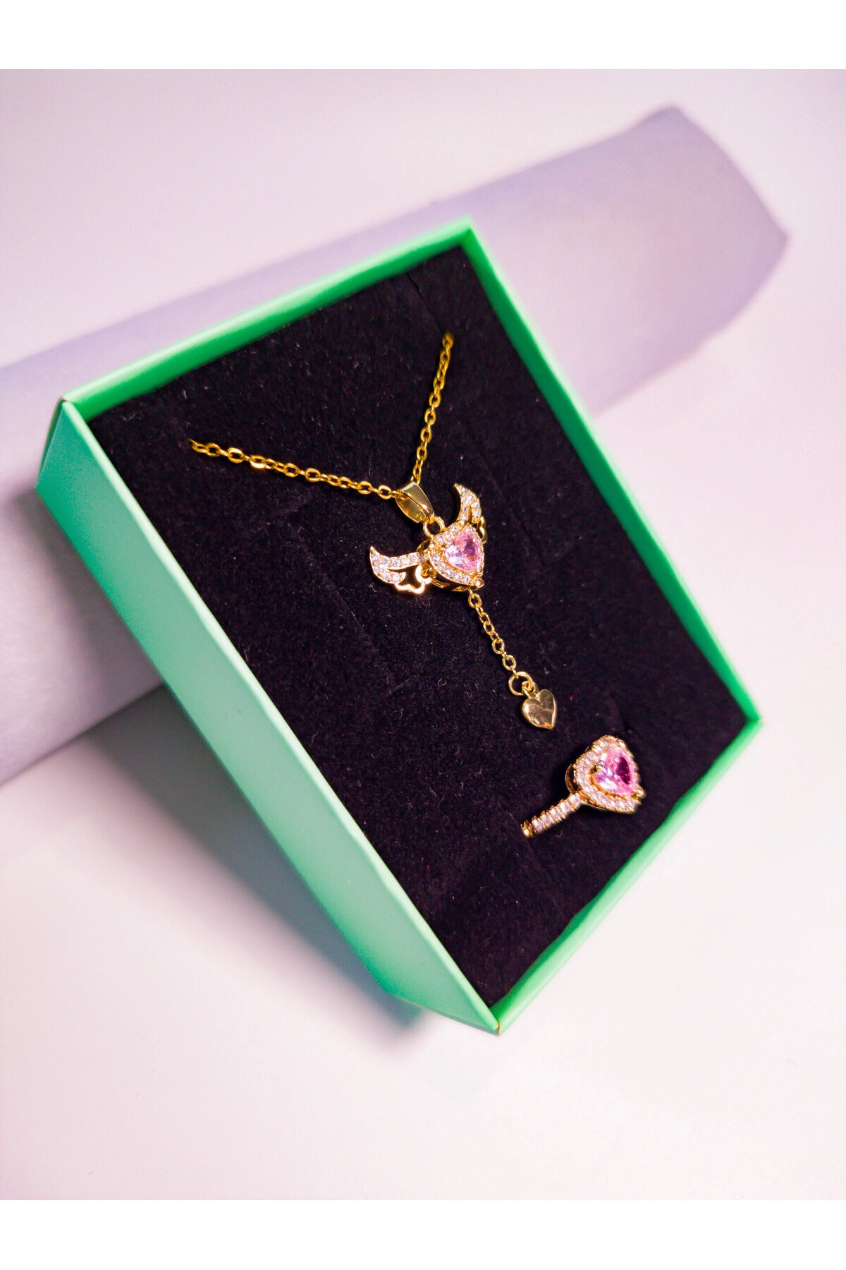 Melek Kanatlı Kolye Zirkon Taşlı Yüzük Set | 316l Çelik - Kararmaz | Hediye Kadın-4