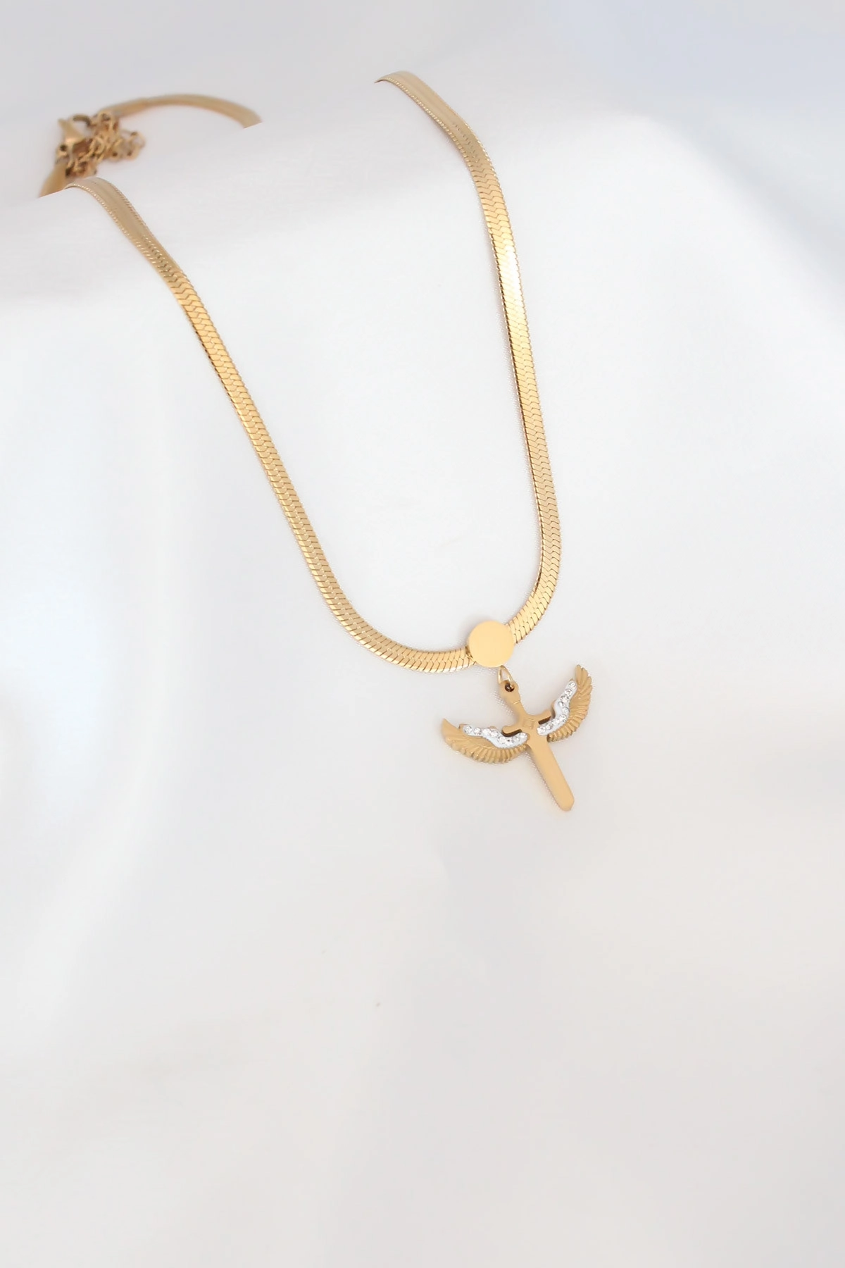 Mikail Figür Zirkon Taş Detay Gold Renk Çelik İtalyan Zincir Kadın Kolye-0