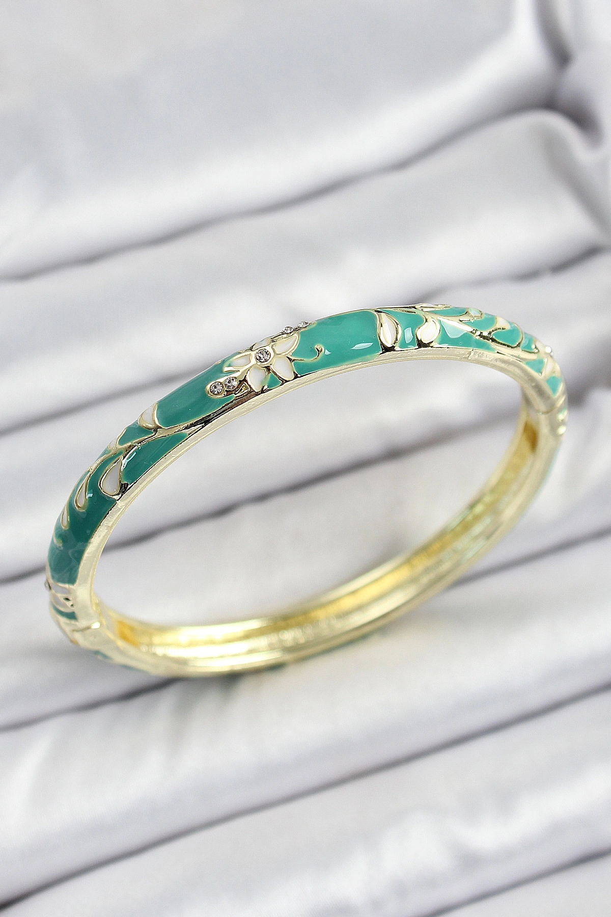 Mineli Pirinç Yeşil Çiçek Motifli Kadın Kelepçe-0