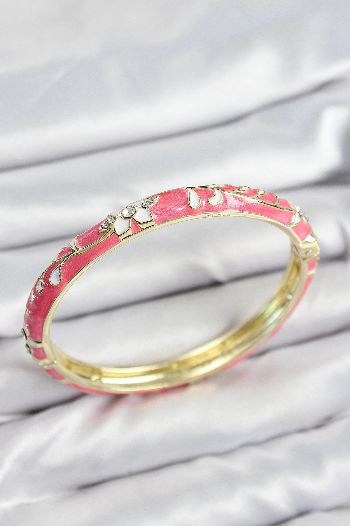 Mineli Pirinç Zirkon Taşlı Pembe Çiçek Motifli Gold Kadın Kelepçe-0