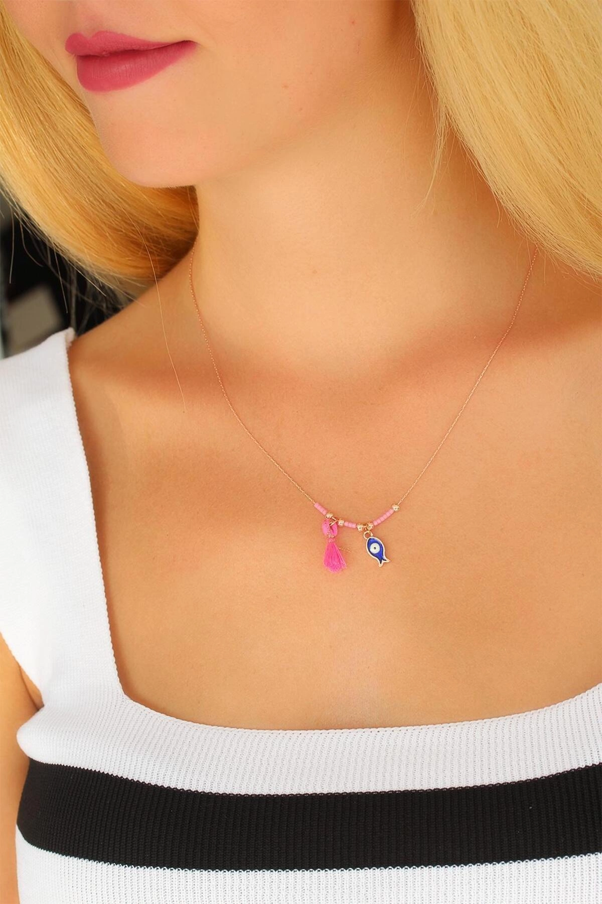 Nazar Boncuklu Pembe Renk Taşlı Rose Kolye-1