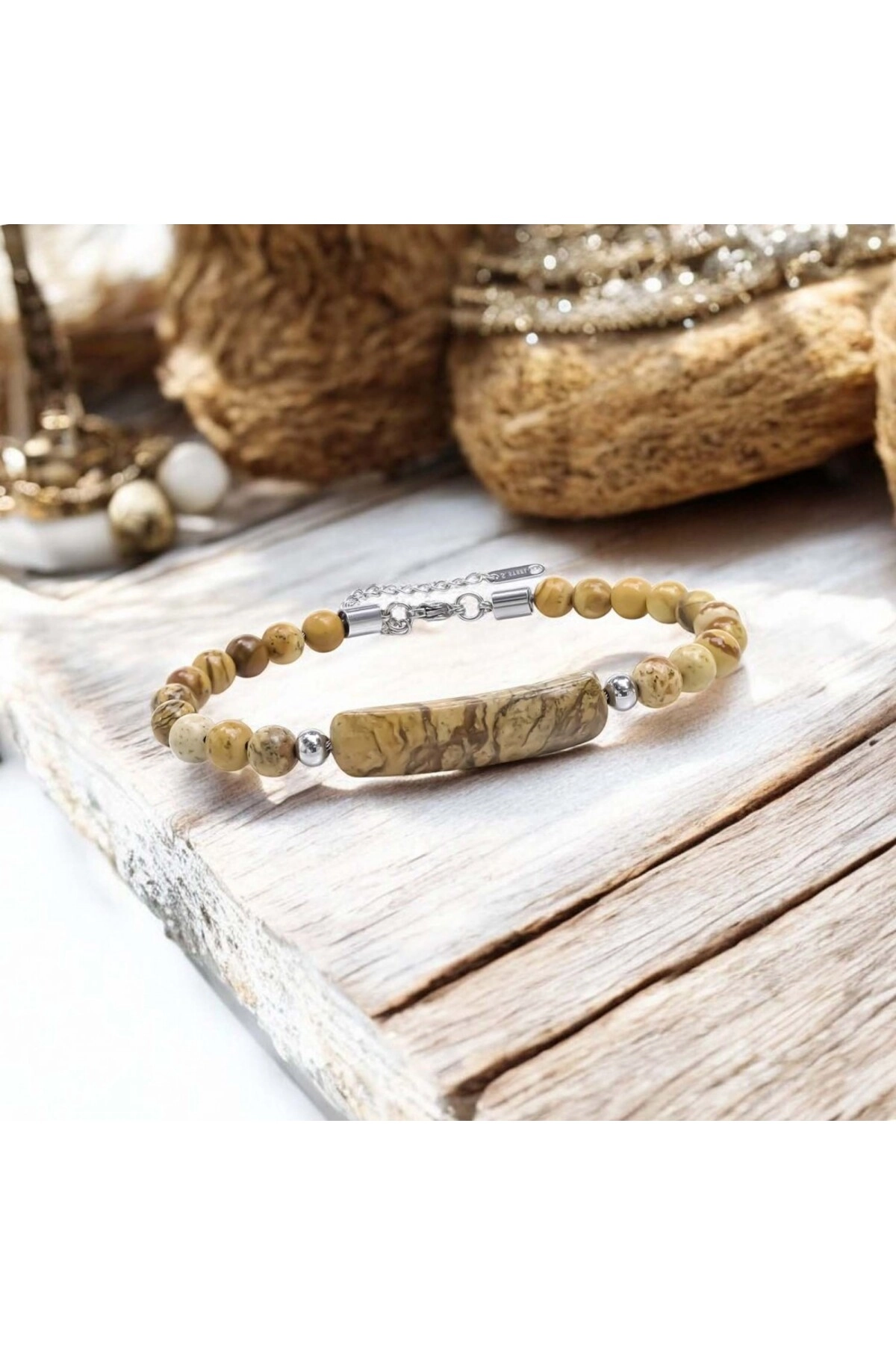 Odun Jasper Doğaltaş Çelik Halat Ve Çelik Klipsli Bileklik-2