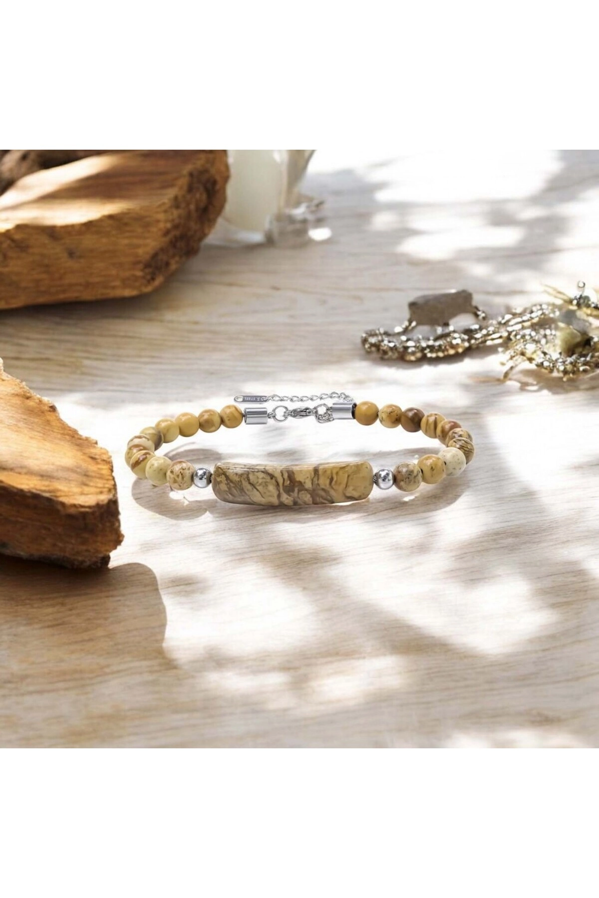 Odun Jasper Doğaltaş Çelik Halat Ve Çelik Klipsli Bileklik-3