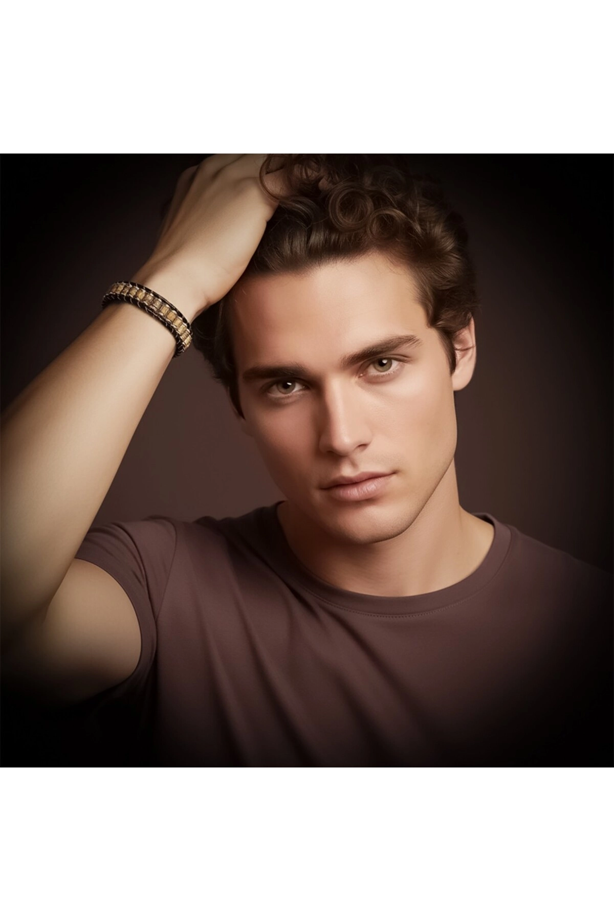 Odun Jasper Hematit Çelik Örgülü Deri Bileklik-1