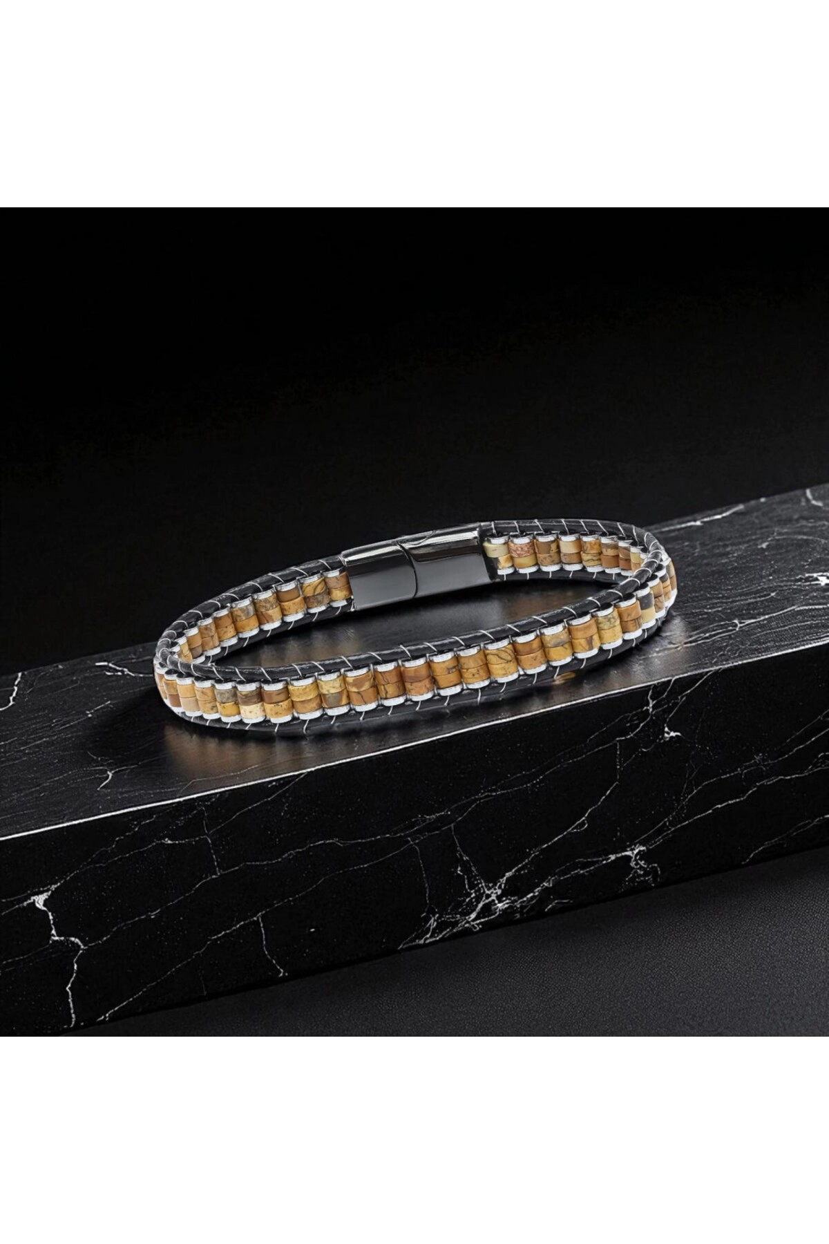 Odun Jasper Hematit Çelik Örgülü Deri Bileklik-2