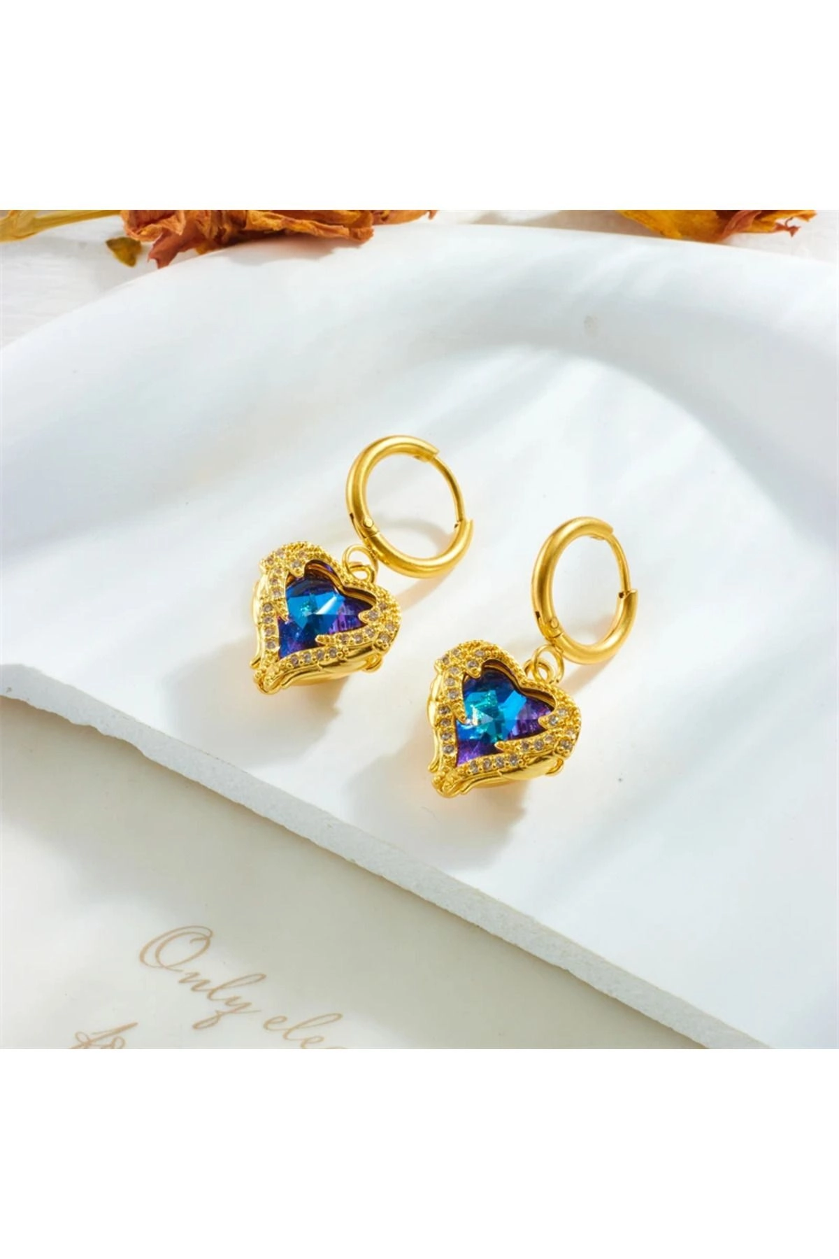 Okyanus Kalbi Zirkon Taşlı Kalp Küpe Gold | 316l Çelik - Kararmaz | Hediye Kadın-1