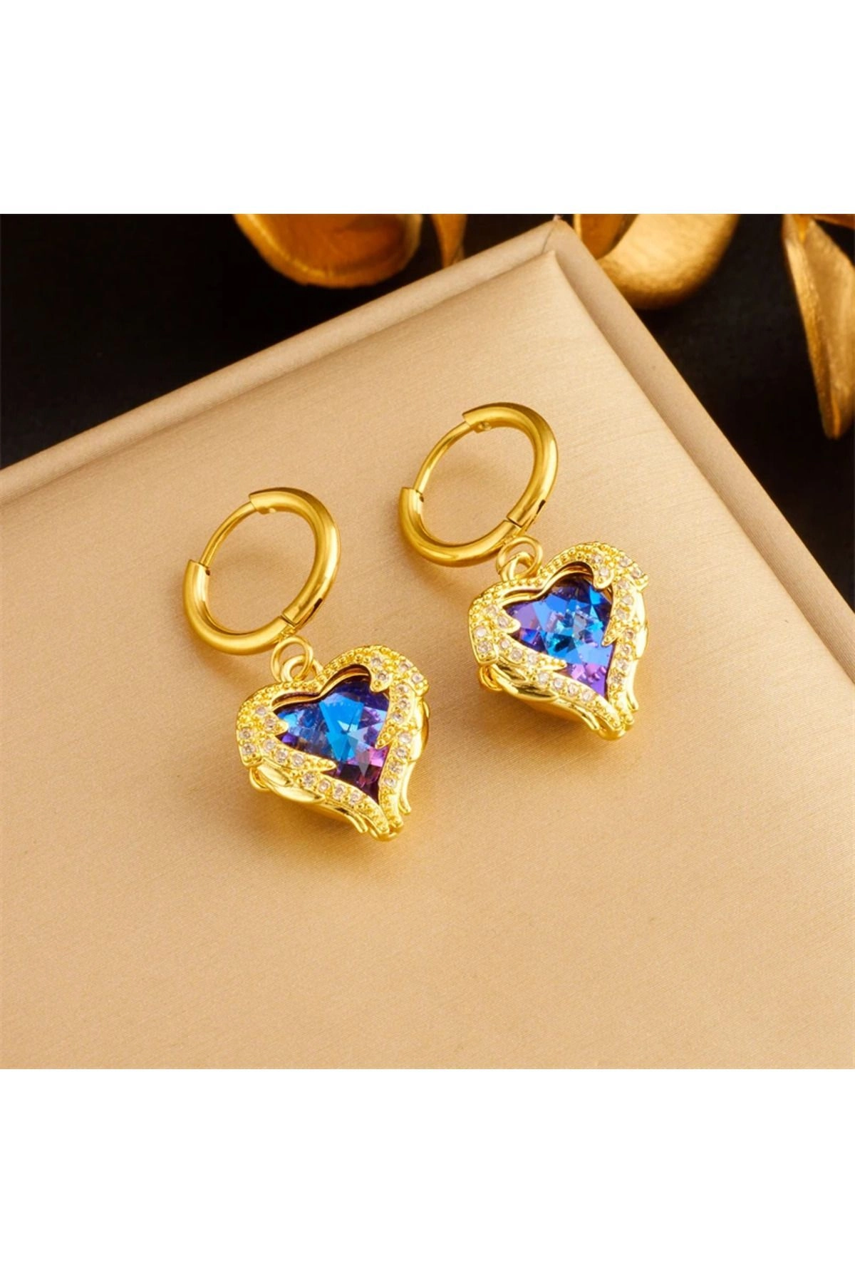 Okyanus Kalbi Zirkon Taşlı Kalp Küpe Gold | 316l Çelik - Kararmaz | Hediye Kadın-2