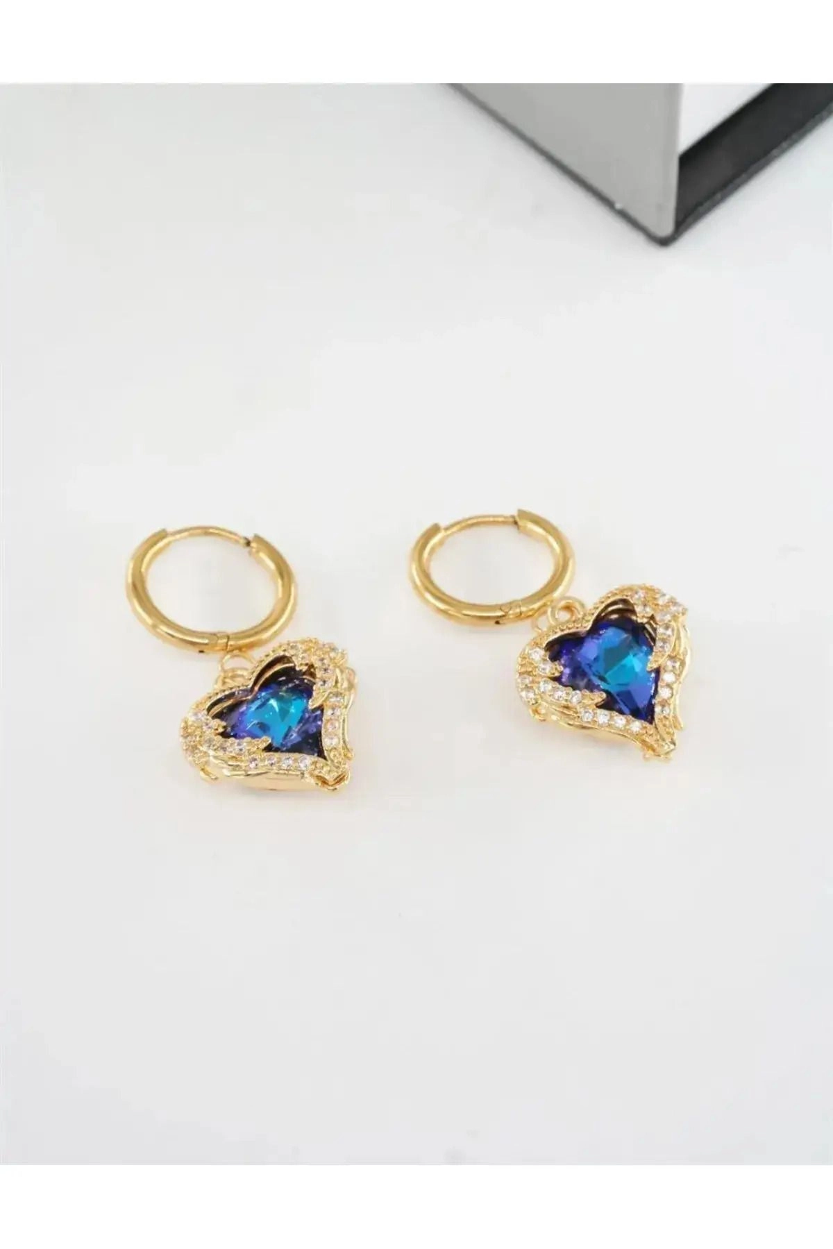 Okyanus Kalbi Zirkon Taşlı Kalp Küpe Gold | 316l Çelik - Kararmaz | Hediye Kadın-3