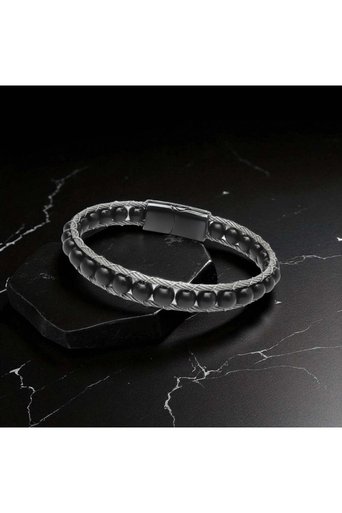 Oniks Doğaltaş Ve Çelik Halat Örme Bileklik-2