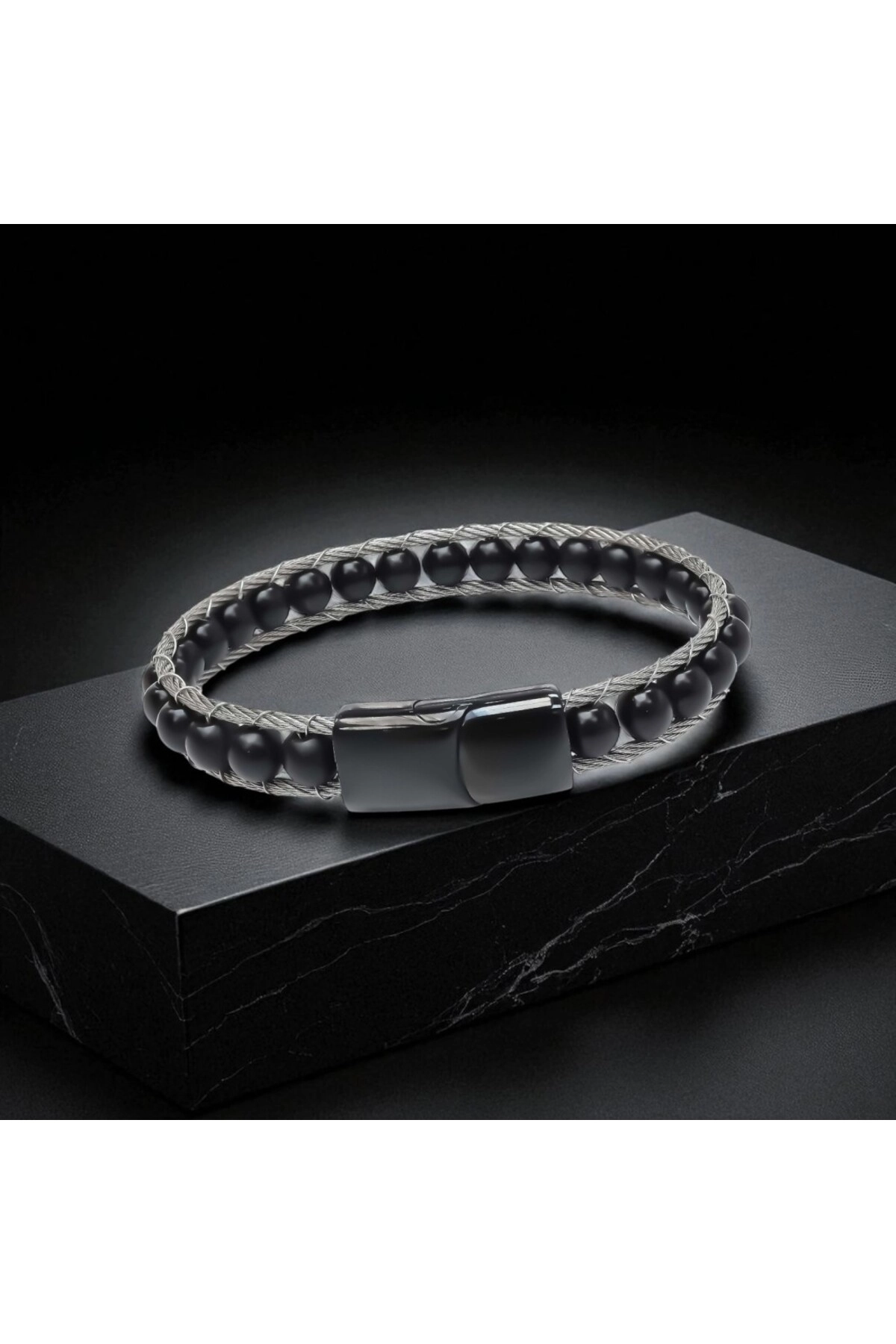 Oniks Doğaltaş Ve Çelik Halat Örme Bileklik-3