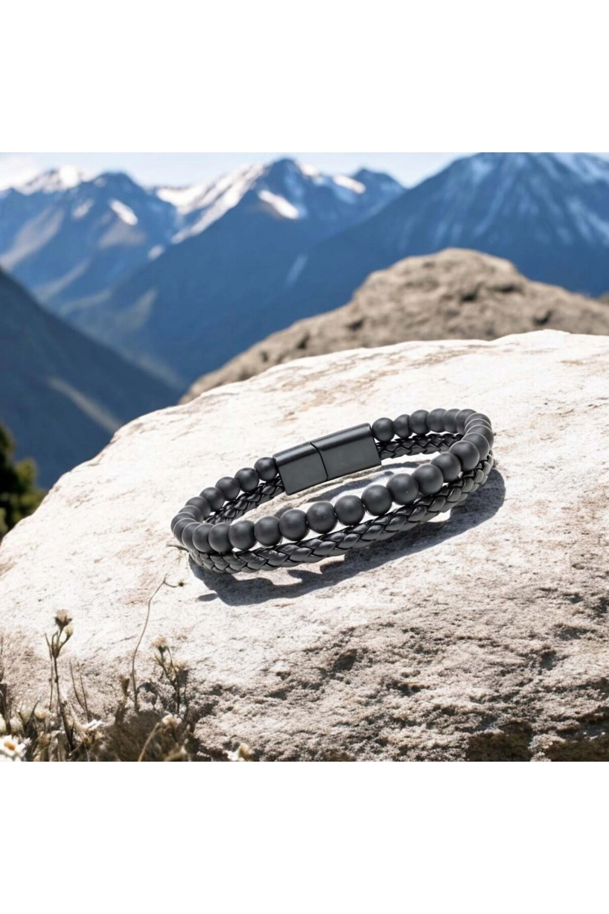 Oniks Doğaltaş Ve Deri Erkek Bileklik-1
