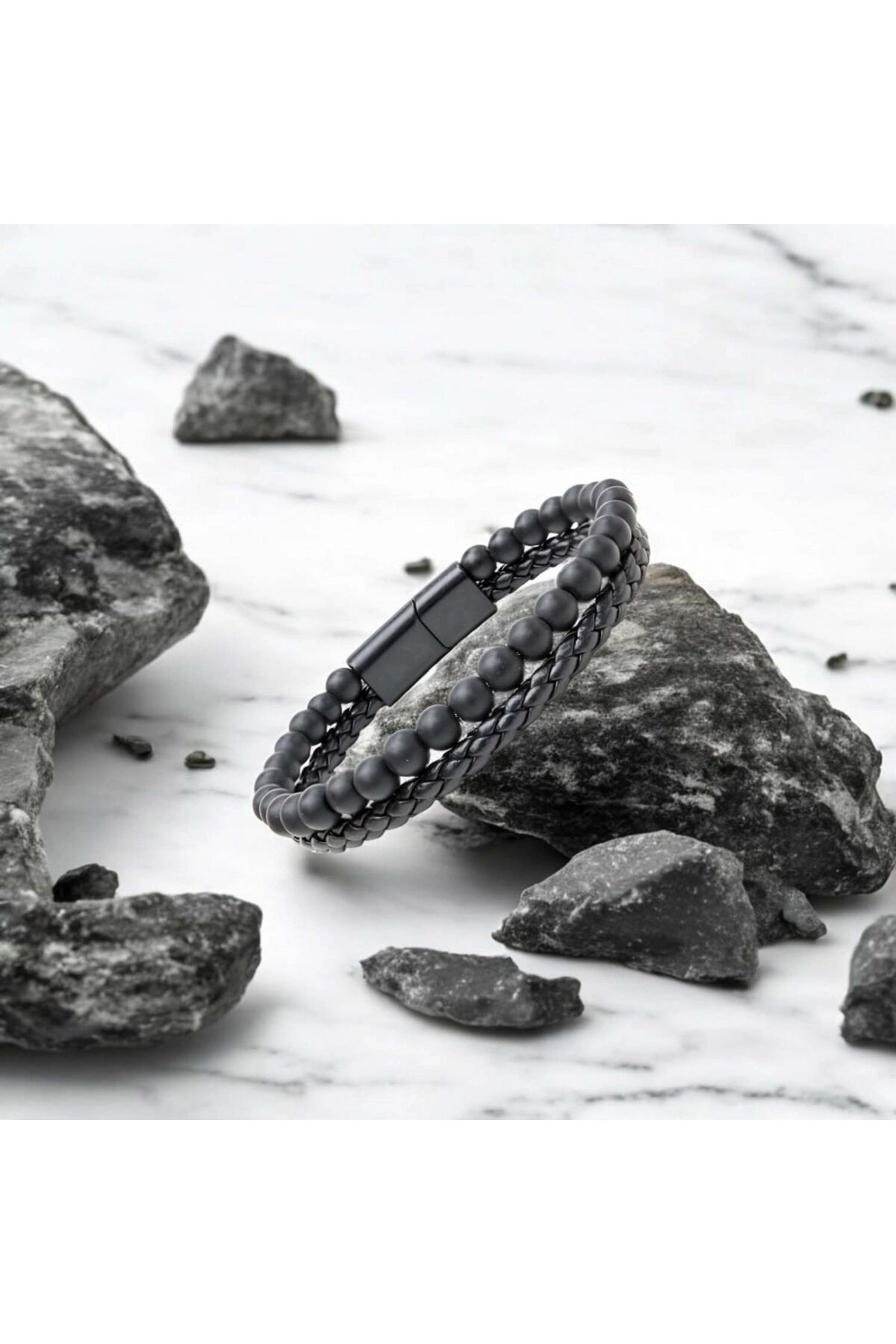 Oniks Doğaltaş Ve Deri Erkek Bileklik-2