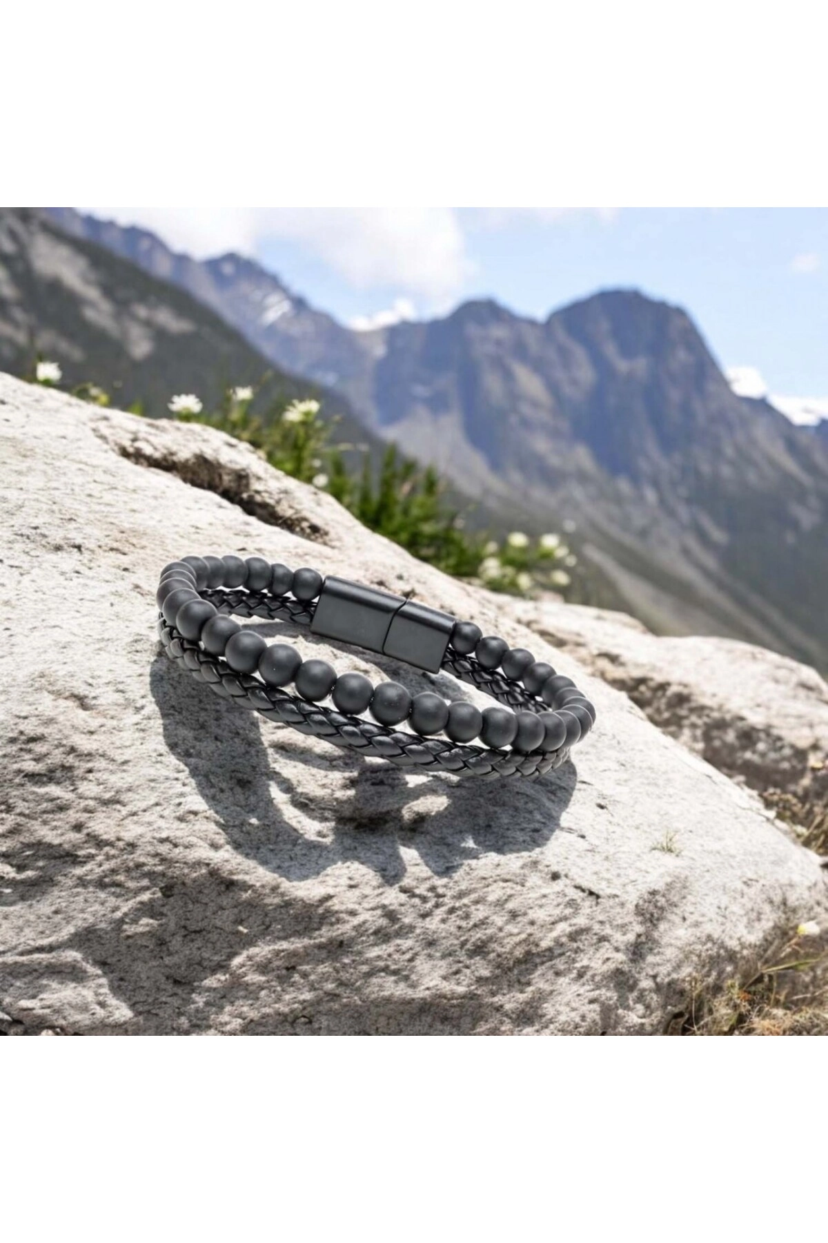 Oniks Doğaltaş Ve Deri Erkek Bileklik-3