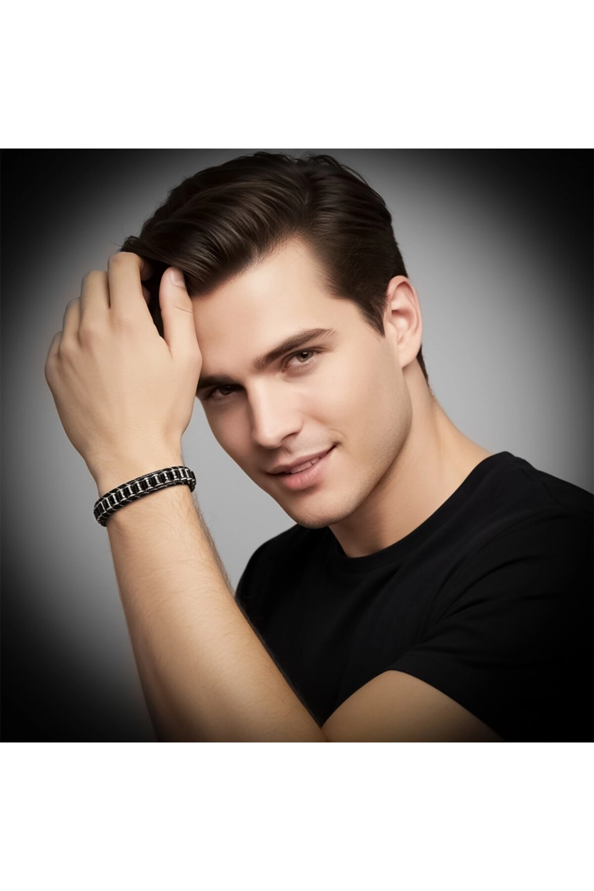 Oniks Hematit Çelik Örgülü Deri Bileklik-1