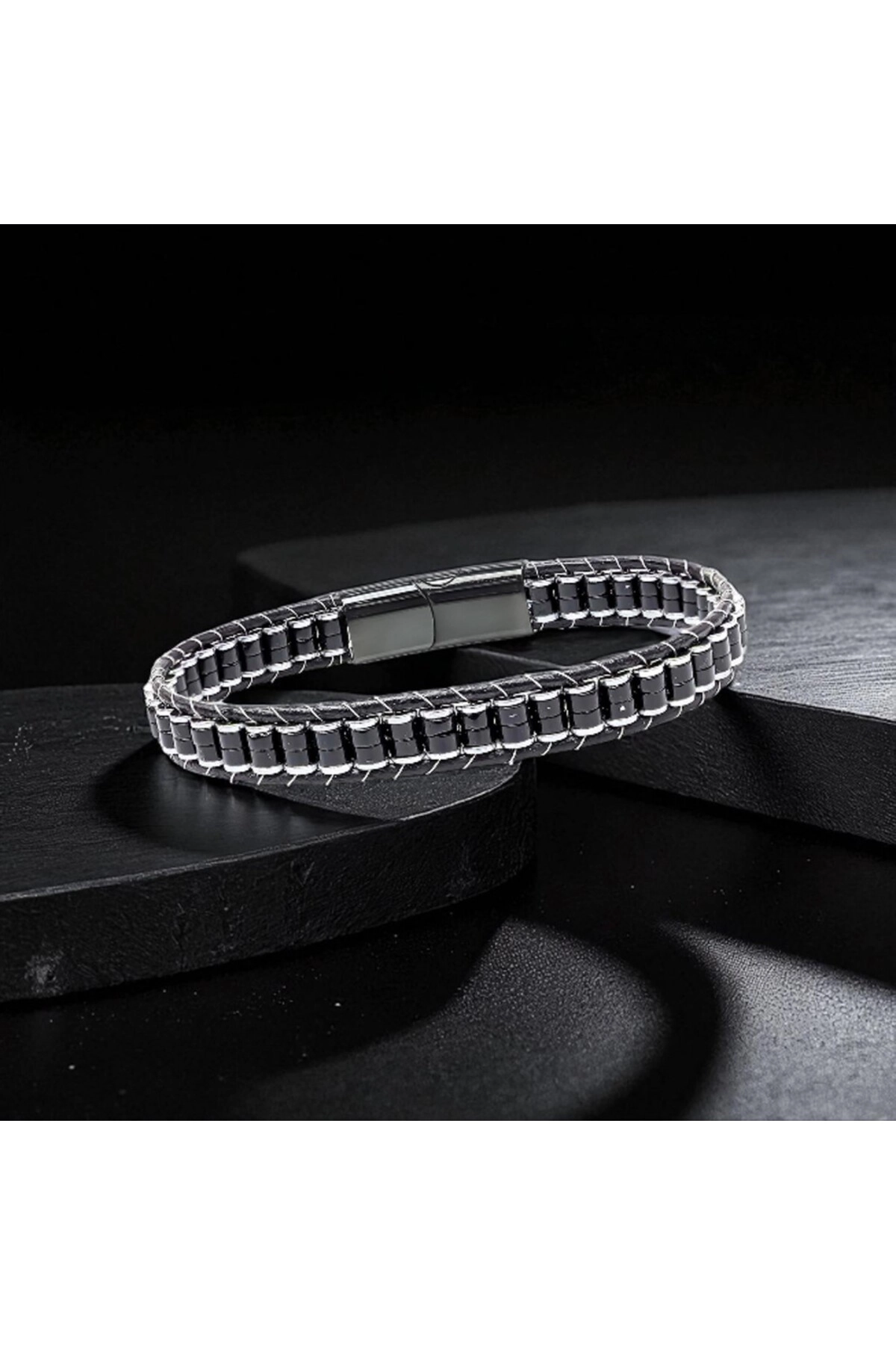 Oniks Hematit Çelik Örgülü Deri Bileklik-2