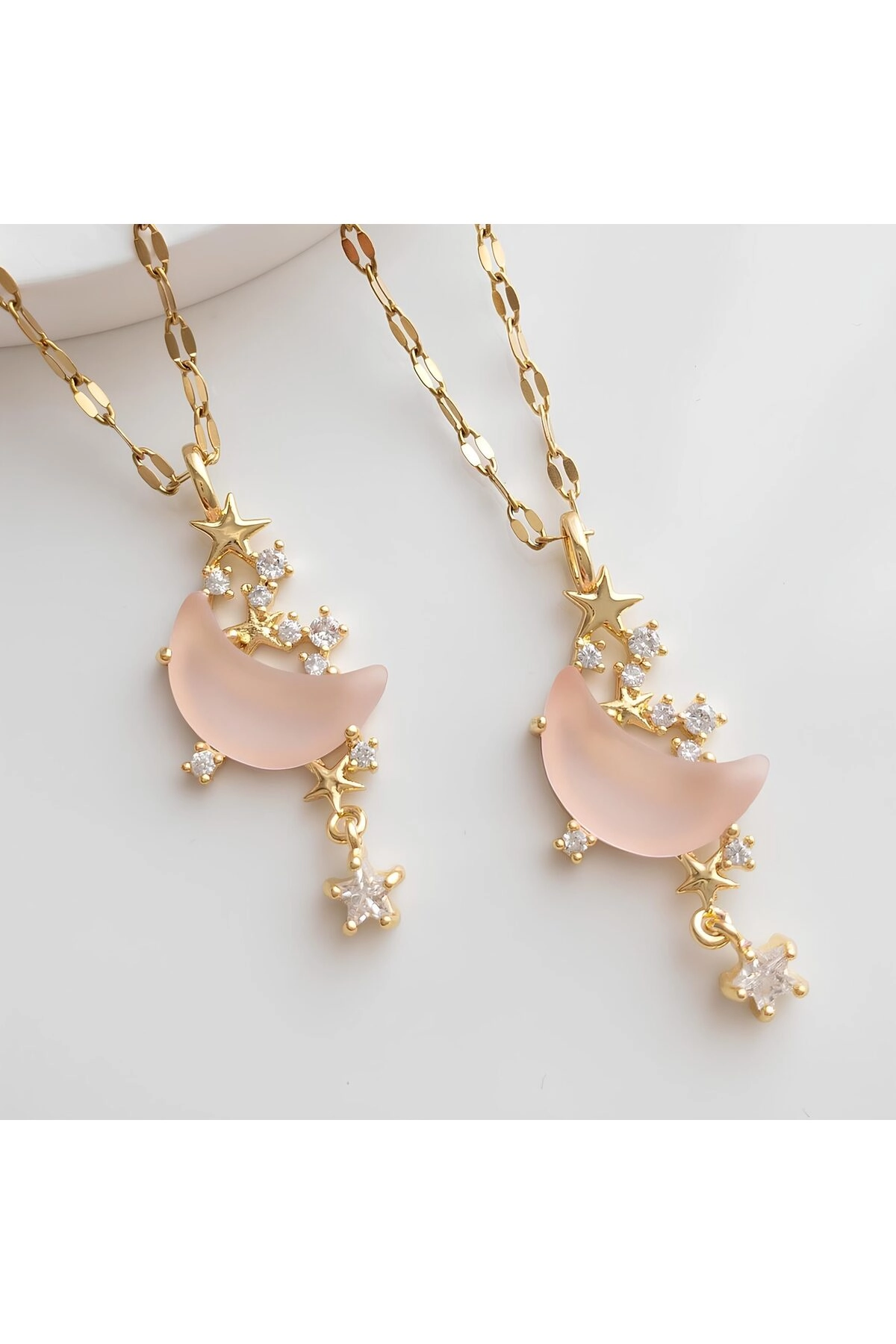 Opal Taşlı Pembe Ay Kolye Gold | 316l Çelik - Kararmaz | Hediye Kadın-0