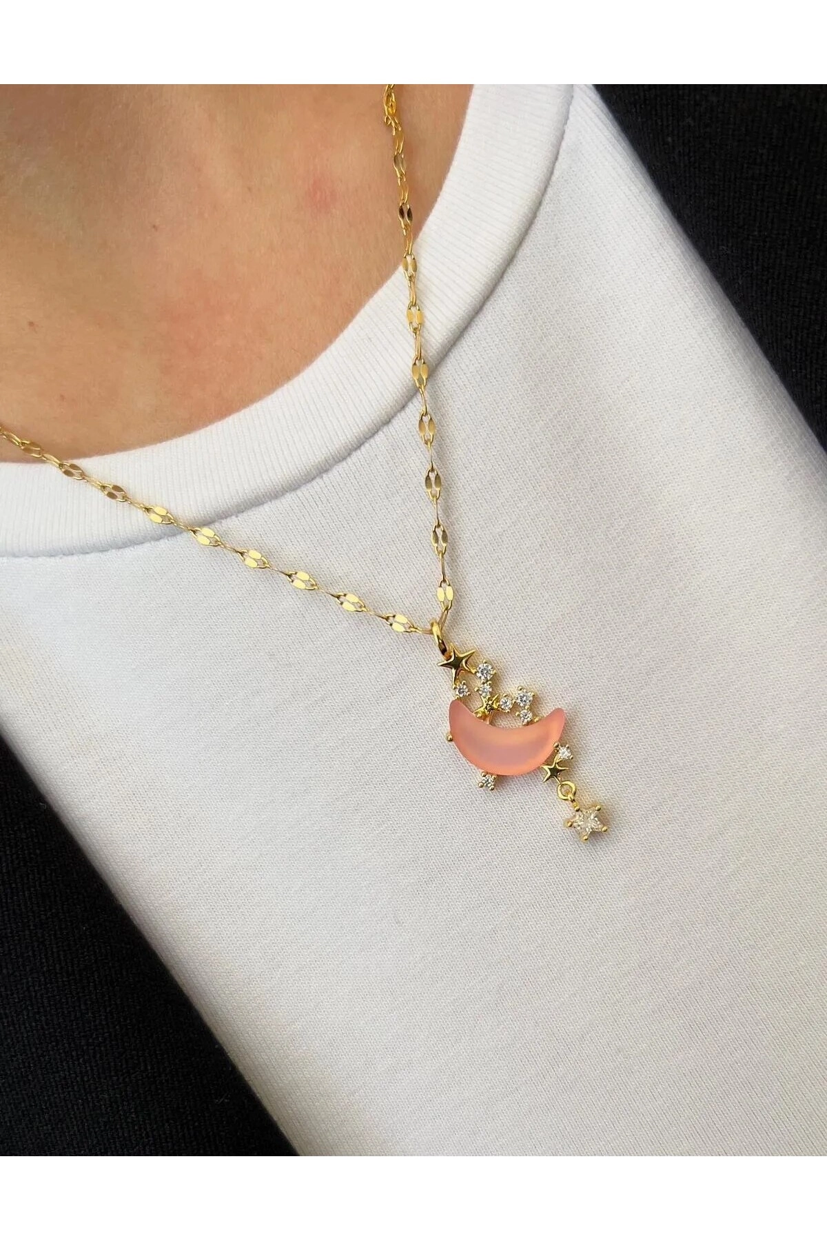 Opal Taşlı Pembe Ay Kolye Gold | 316l Çelik - Kararmaz | Hediye Kadın-3