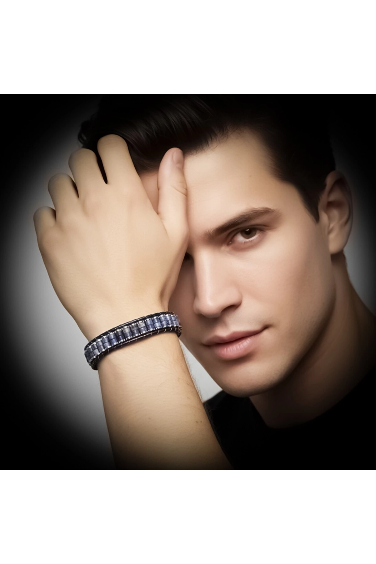 Orijinal Deri, Lapis Doğaltaş ve 316L Titanyum Çelik Erkek Bileklik-1