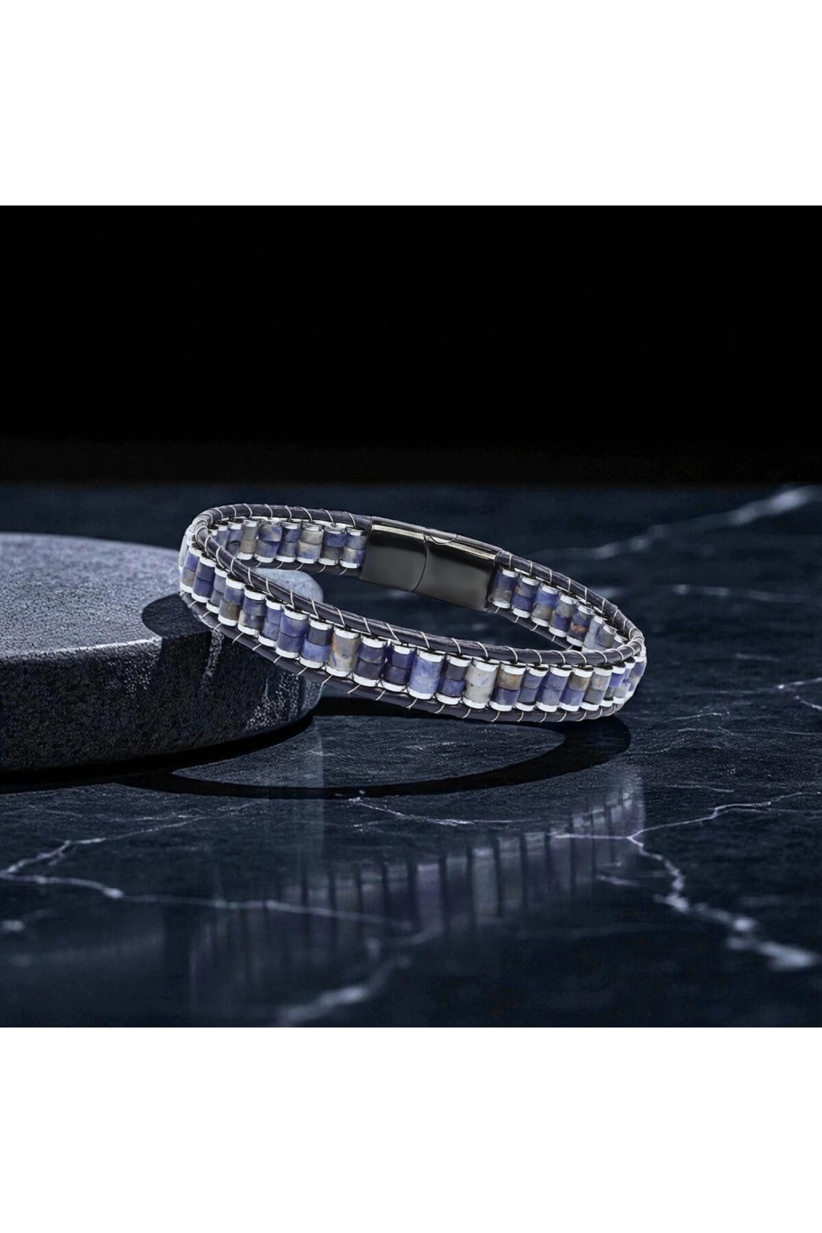 Orijinal Deri, Lapis Doğaltaş ve 316L Titanyum Çelik Erkek Bileklik-2