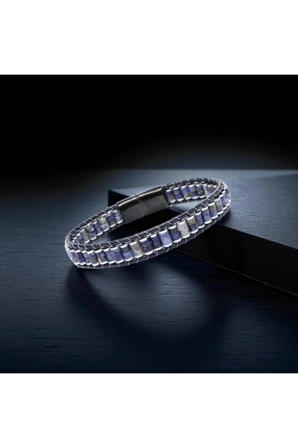 Orijinal Deri, Lapis Doğaltaş ve 316L Titanyum Çelik Erkek Bileklik-3