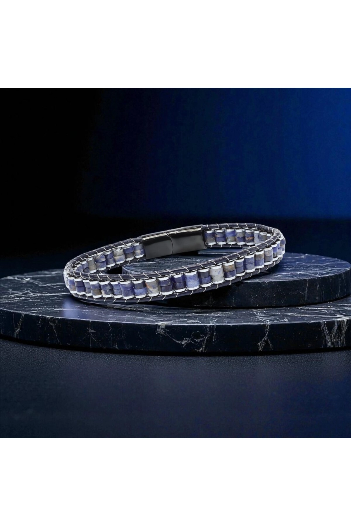 Orijinal Deri, Lapis Doğaltaş ve 316L Titanyum Çelik Erkek Bileklik-5