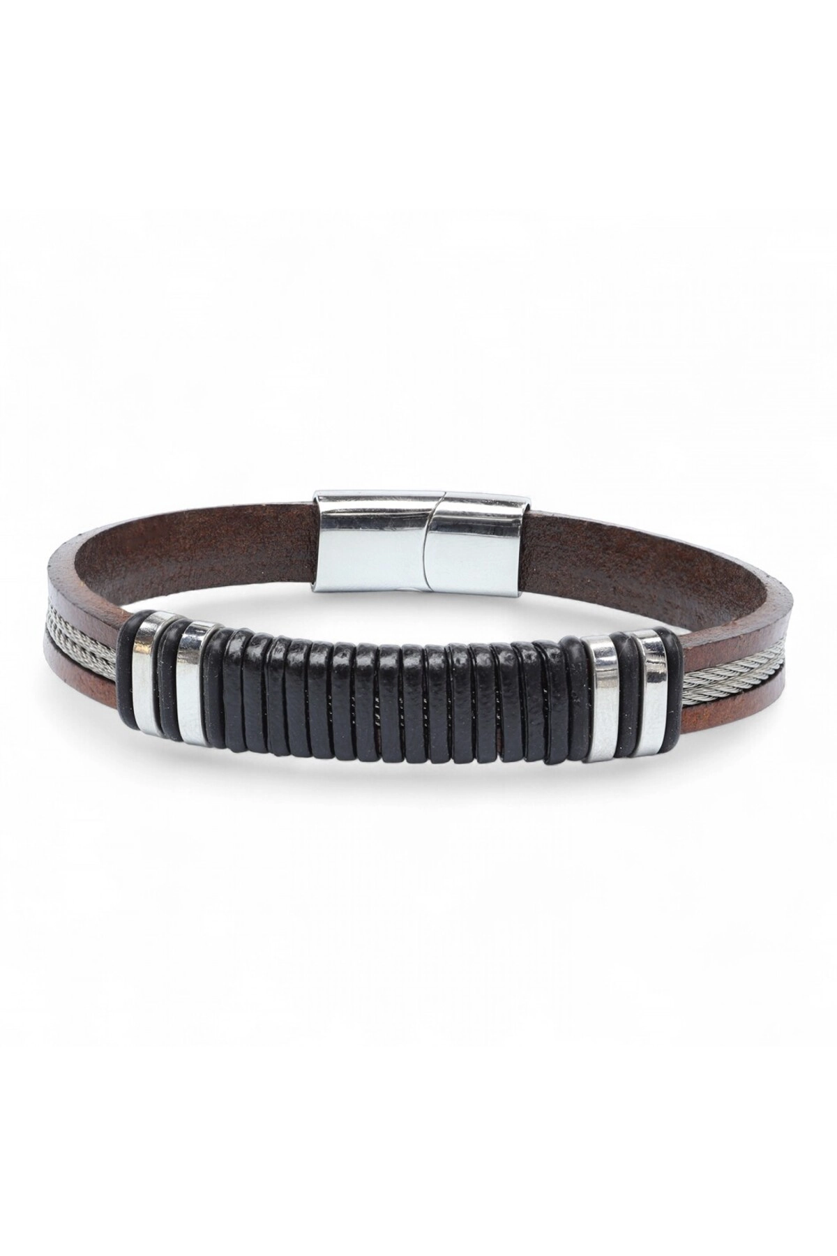 Orijinal Deri ve 316L Çelik Siyah-Kahverengi Erkek Bileklik-0