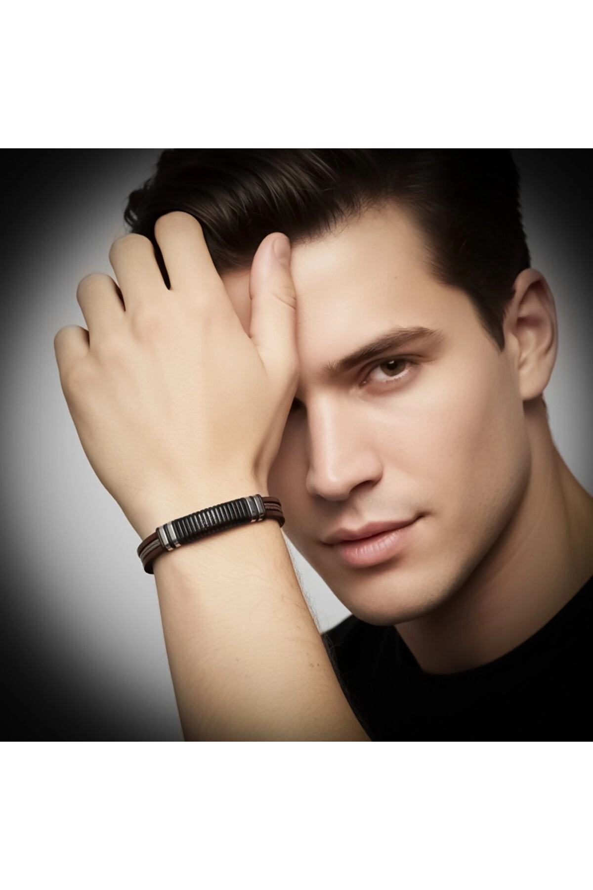Orijinal Deri ve 316L Çelik Siyah-Kahverengi Erkek Bileklik-1