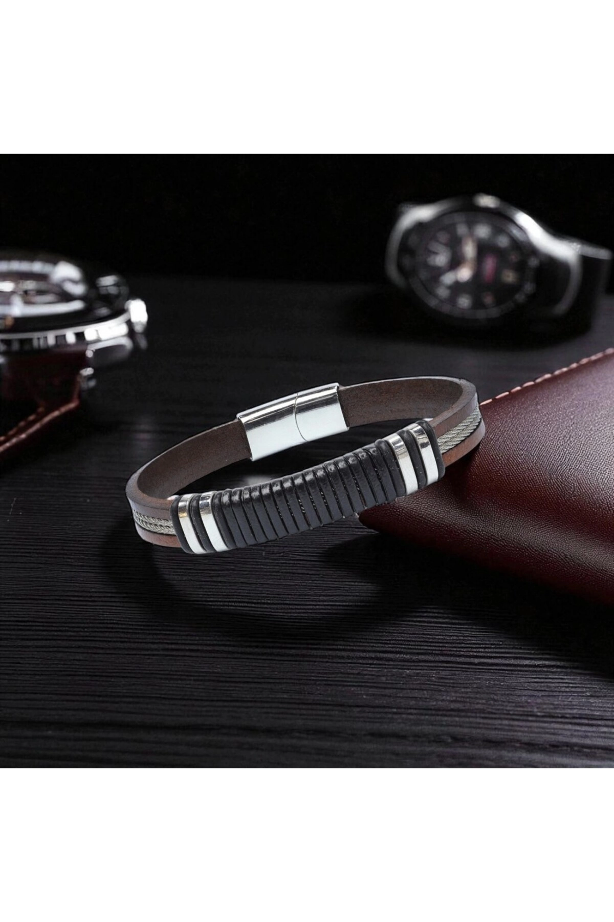 Orijinal Deri ve 316L Çelik Siyah-Kahverengi Erkek Bileklik-2
