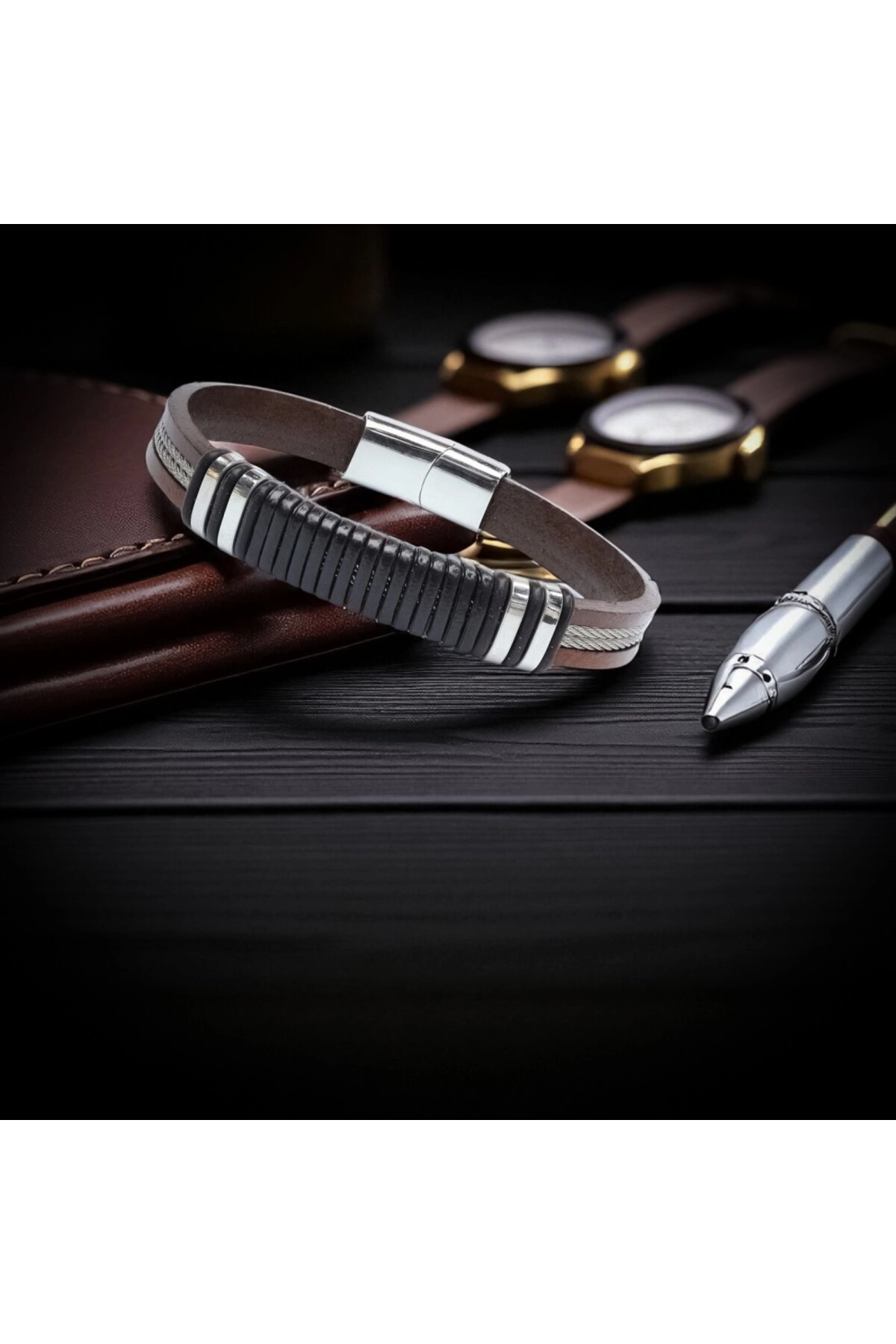 Orijinal Deri ve 316L Çelik Siyah-Kahverengi Erkek Bileklik | Yeni Yıl Hediyesi | Yılbaşı Hediyesi-3