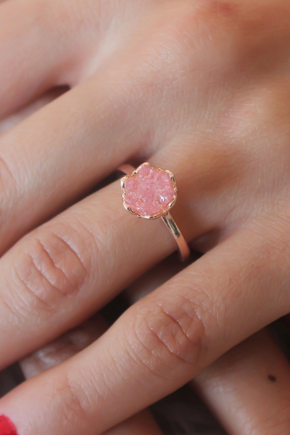 Pembe Lotus Çiçek Figür Gold Renk Kadın Yüzük-0