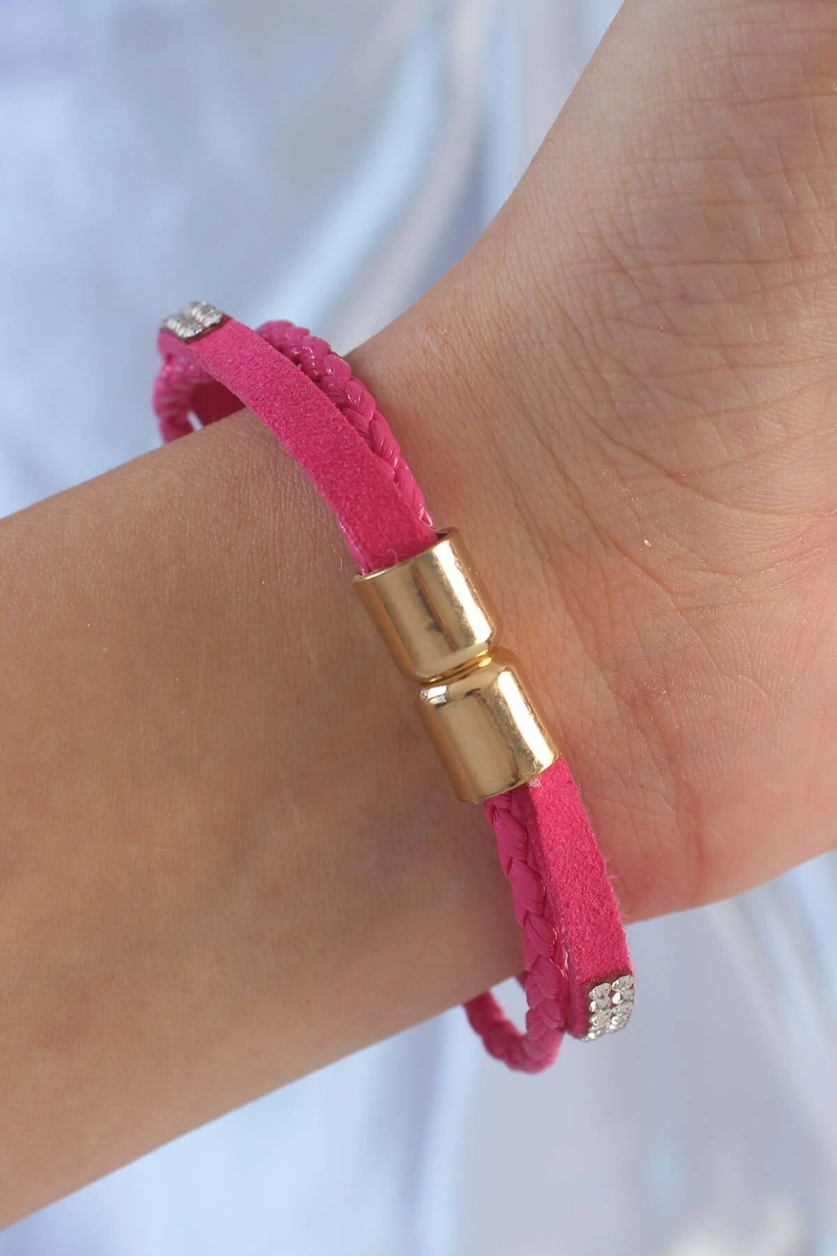 Pembe Renk Zirkon Taşlı Deri Çoklu Bileklik-1