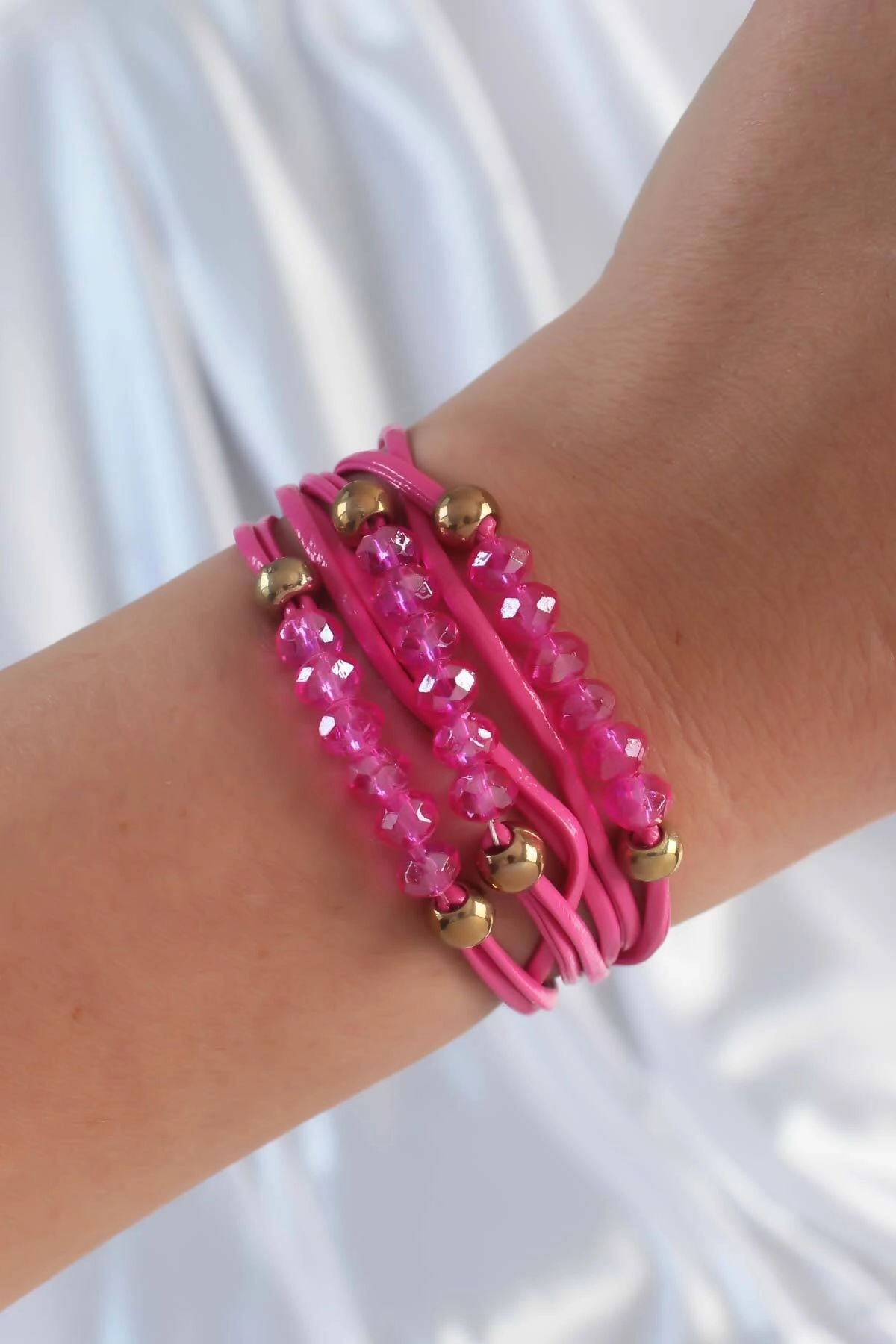 Pembe Renk Zirkon Taşlı İpli Çoklu Bileklik-0