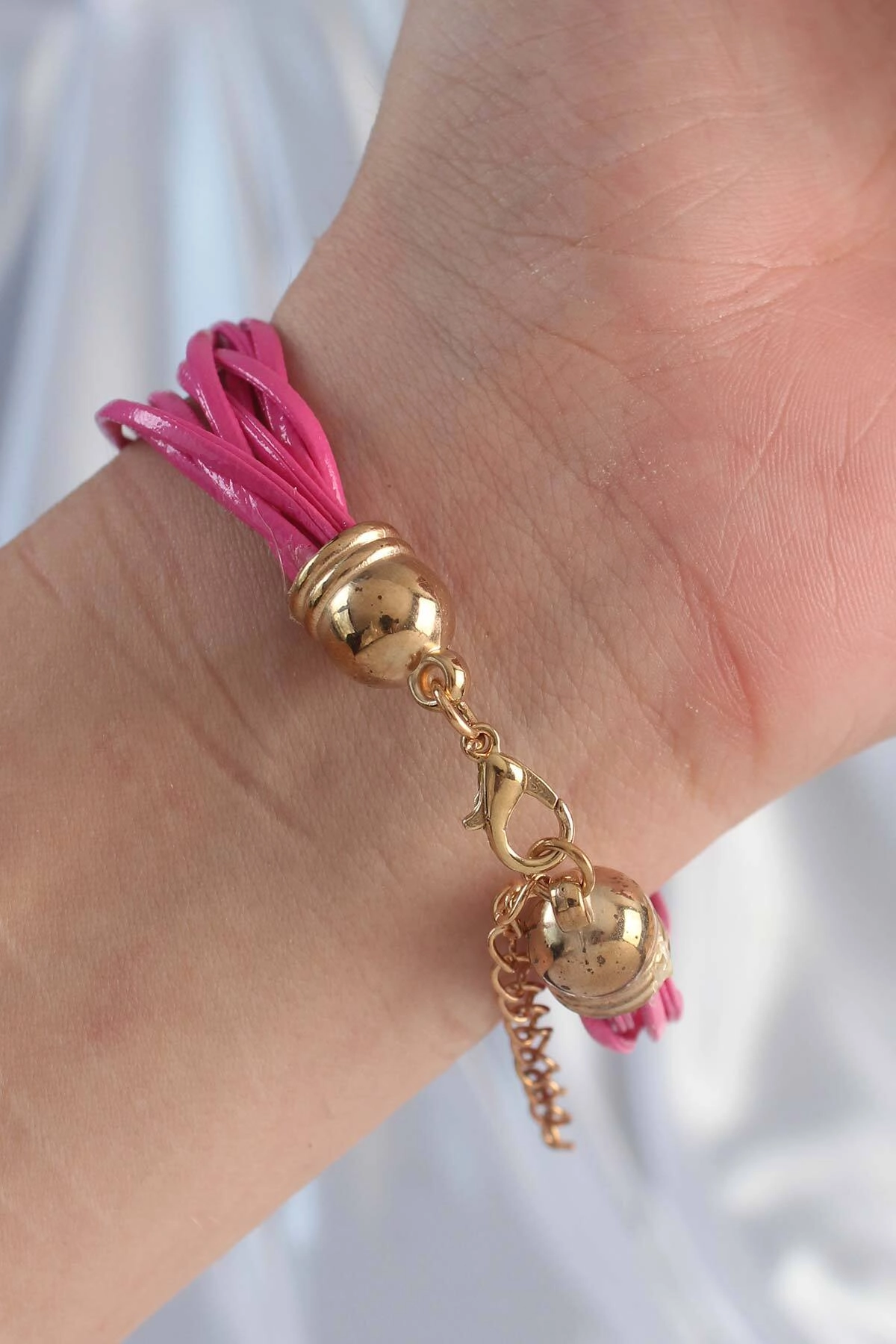 Pembe Renk Zirkon Taşlı İpli Çoklu Bileklik-1