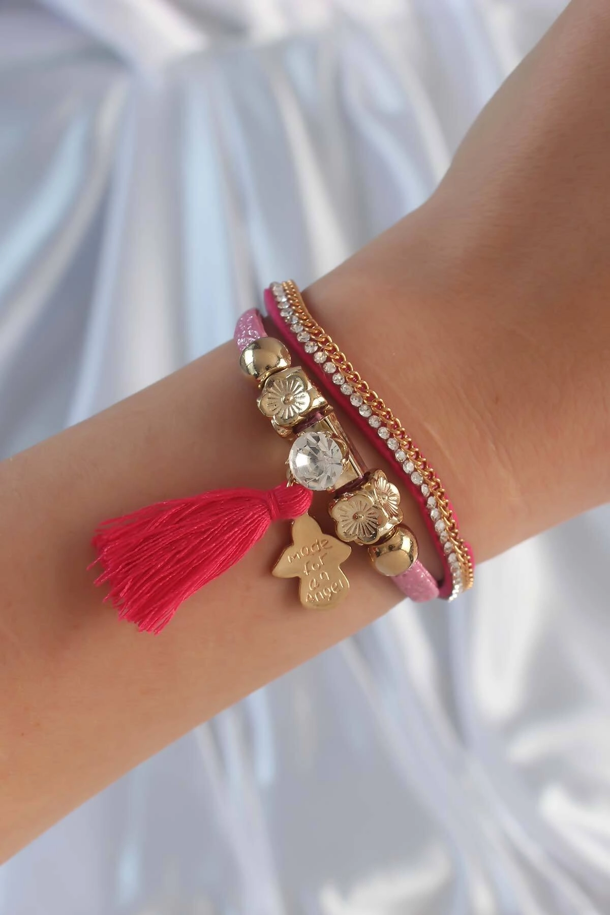 Pembe Renk Zirkon Taşlı Püskül Detay Deri Çoklu Bileklik-0