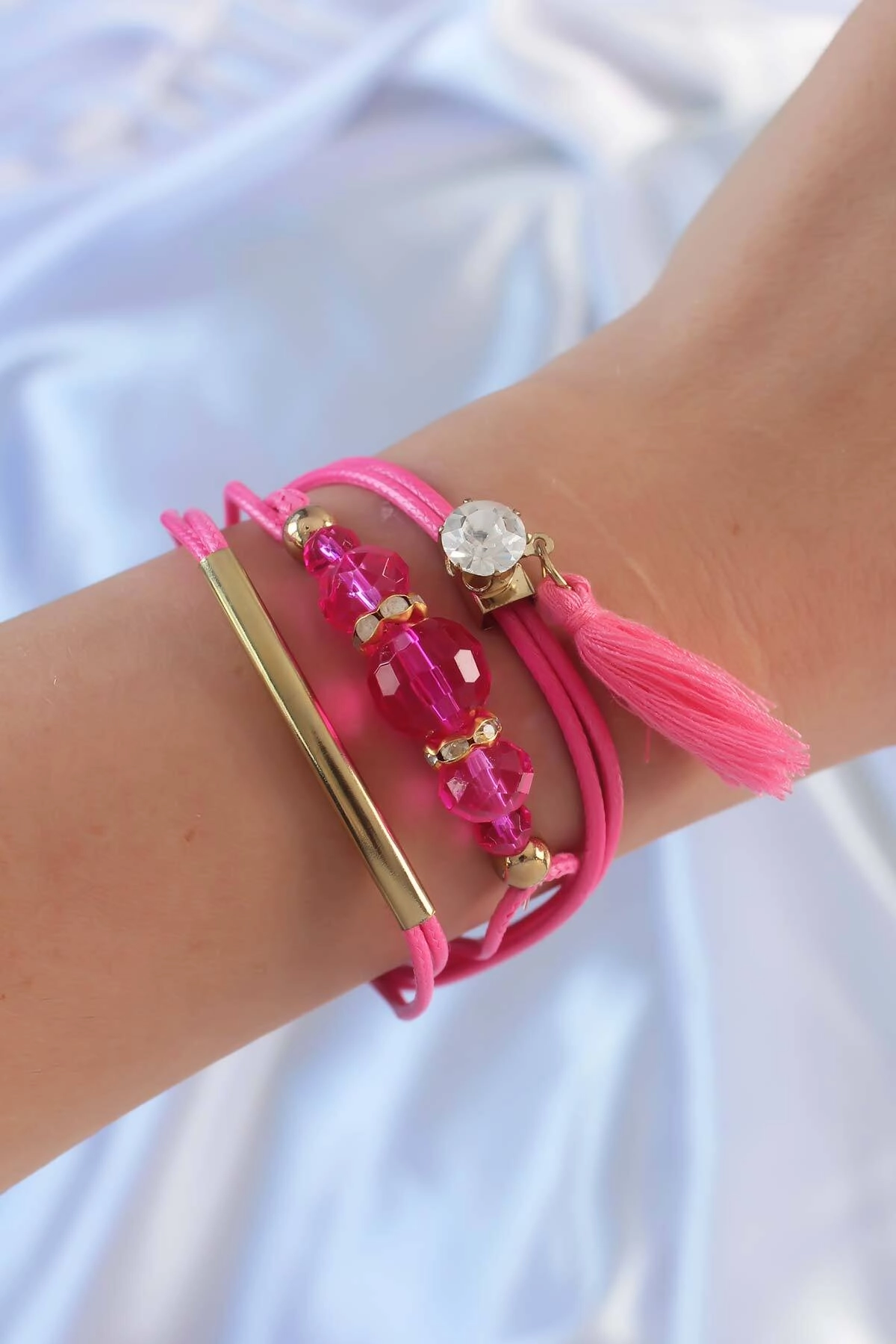 Pembe Zirkon Taşlı İpli Püskül Detay Çoklu Bileklik-0