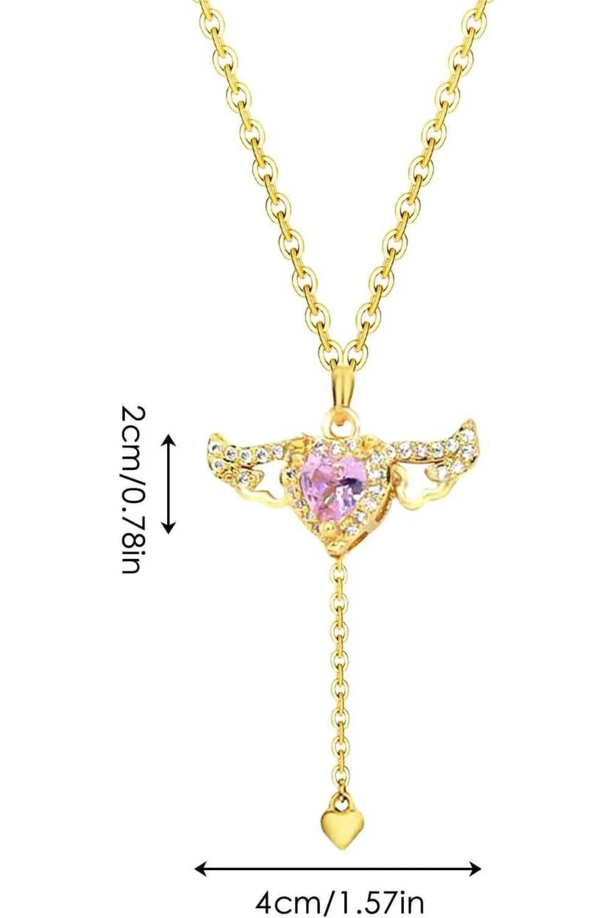 Pembe Zirkon Taşlı Melek Kanatlı Kalp Kolye | 316l Çelik - Kararmaz | Hediye Kadın-4