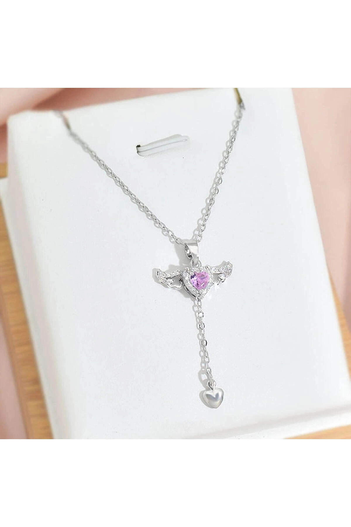 Pembe Zirkon Taşlı Melek Kanatlı Kalp Kolye | 316l Çelik - Kararmaz | Hediye Kadın-0