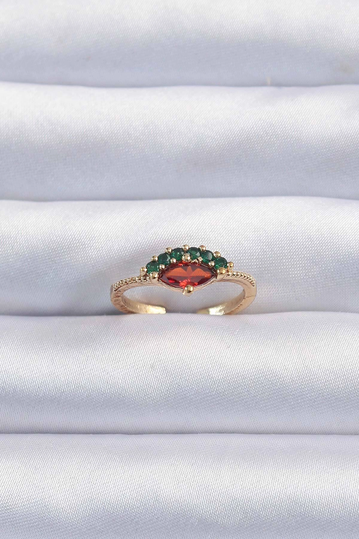 Pirinç Altın Renk Renkli Zirkon Taşlı Ayarlanabilir Karpuz Model Yüzük-0