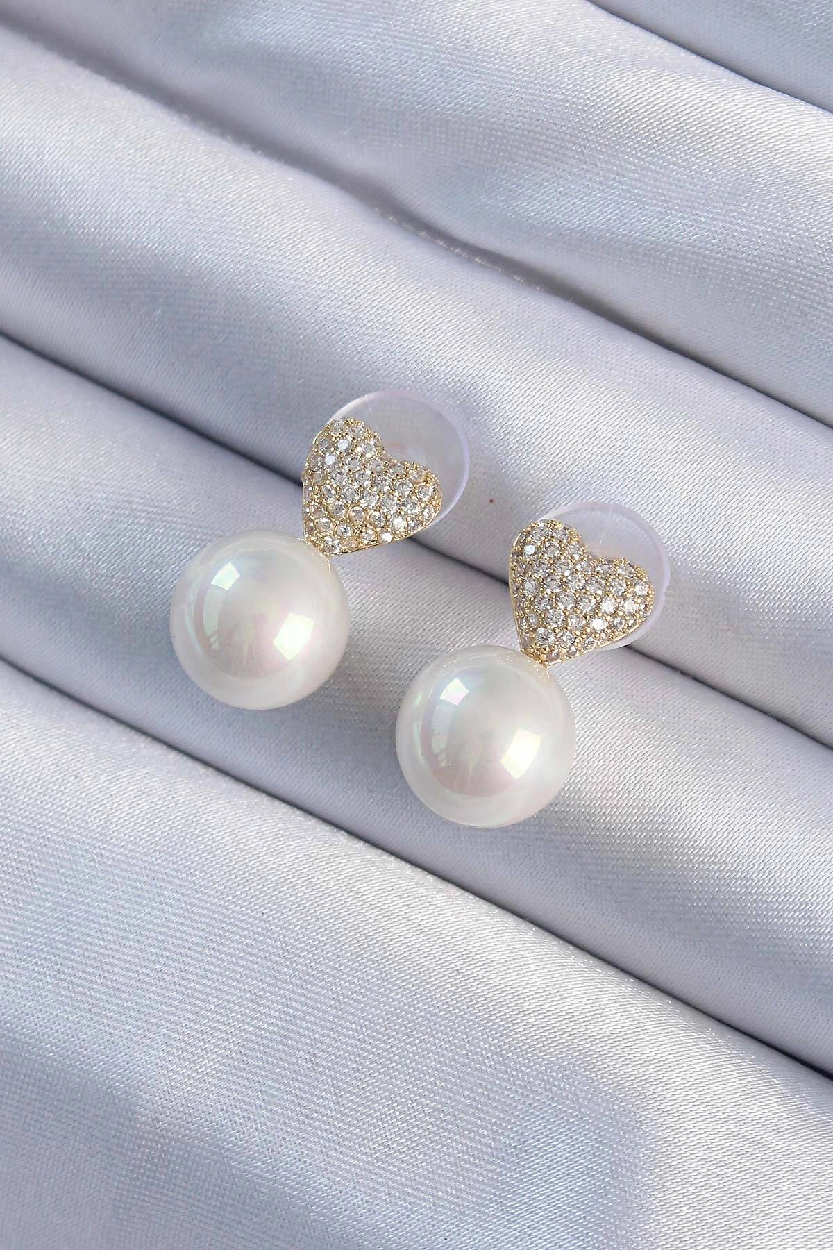 Pirinç Altın Renk Zirkon Taşlı Kalp Model İnci Tasarım Kadın Küpe-0